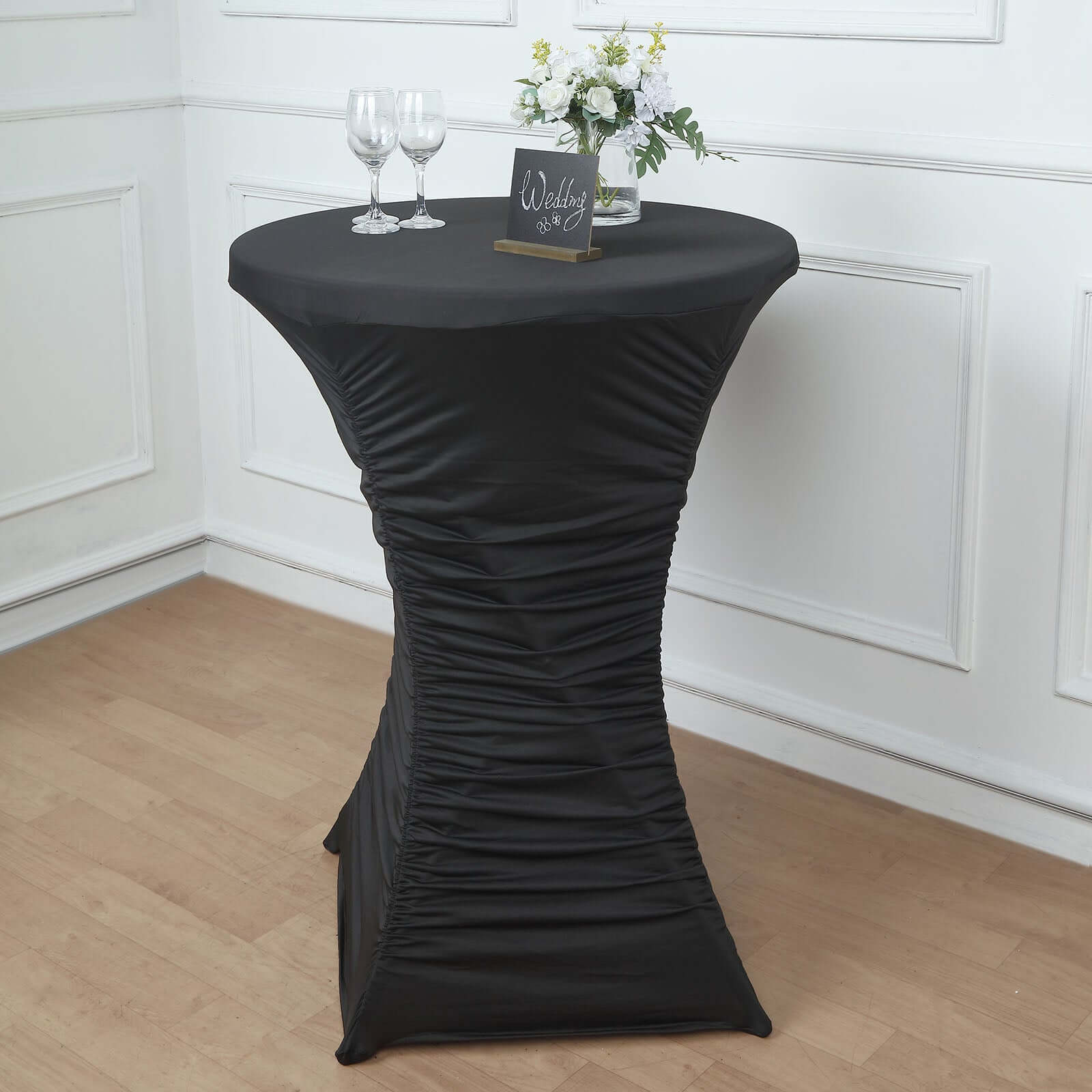 Durable Heavy - Duty Black Spandex Ruched Pleated Fitted 32 - Inch Round Cocktail Table Cover