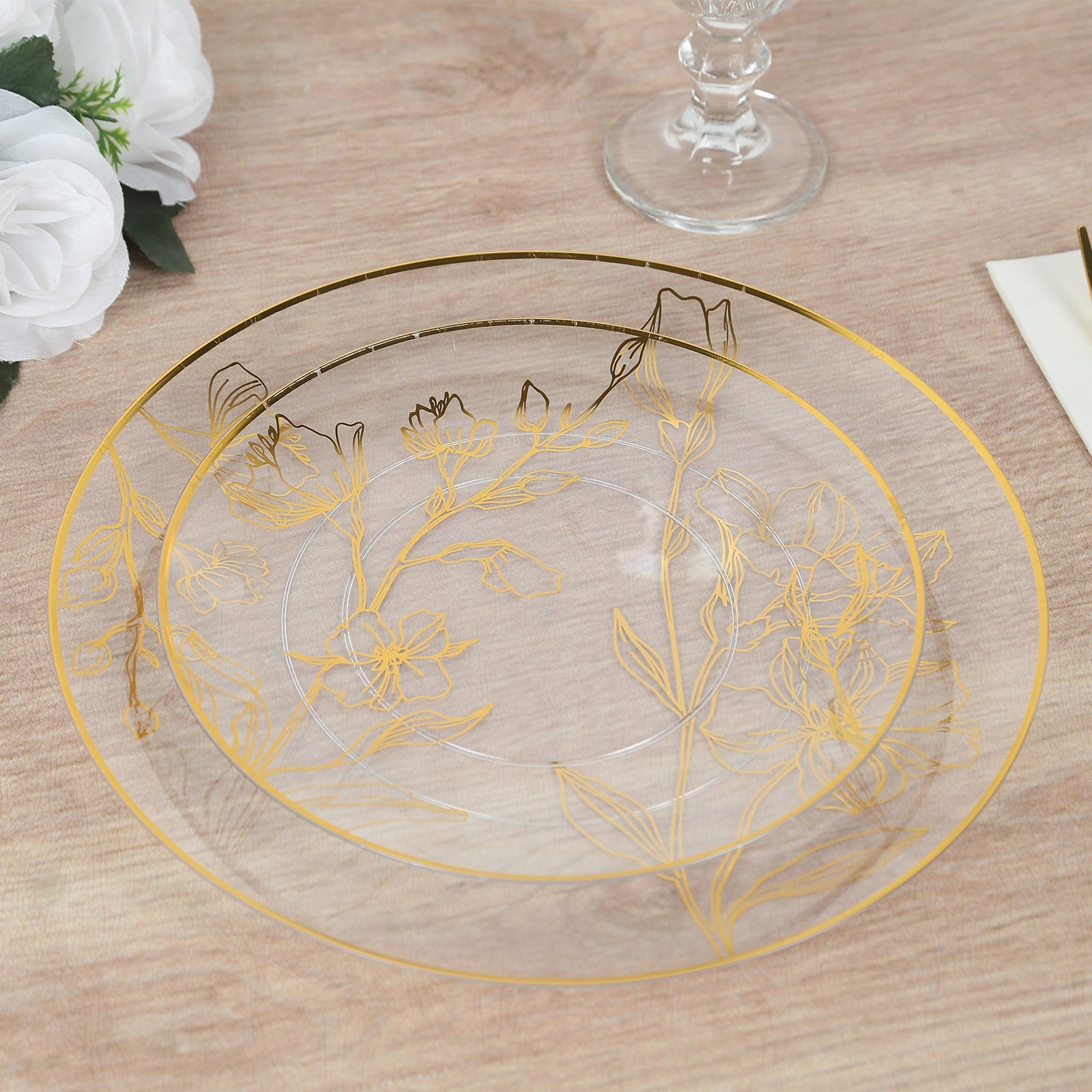 Set of 20 Disposable Clear Plastic Dinner and Dessert Plates with Metallic Gold Floral Design
