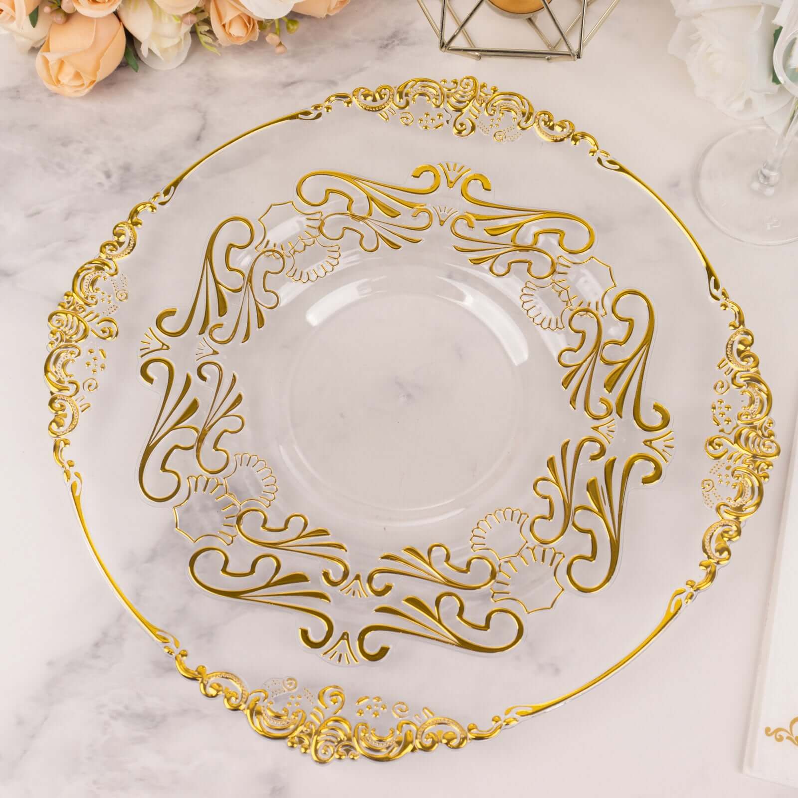 10-Piece Set of Clear Plastic Round Dessert Plates with Gold Vintage Baroque Scalloped Edge