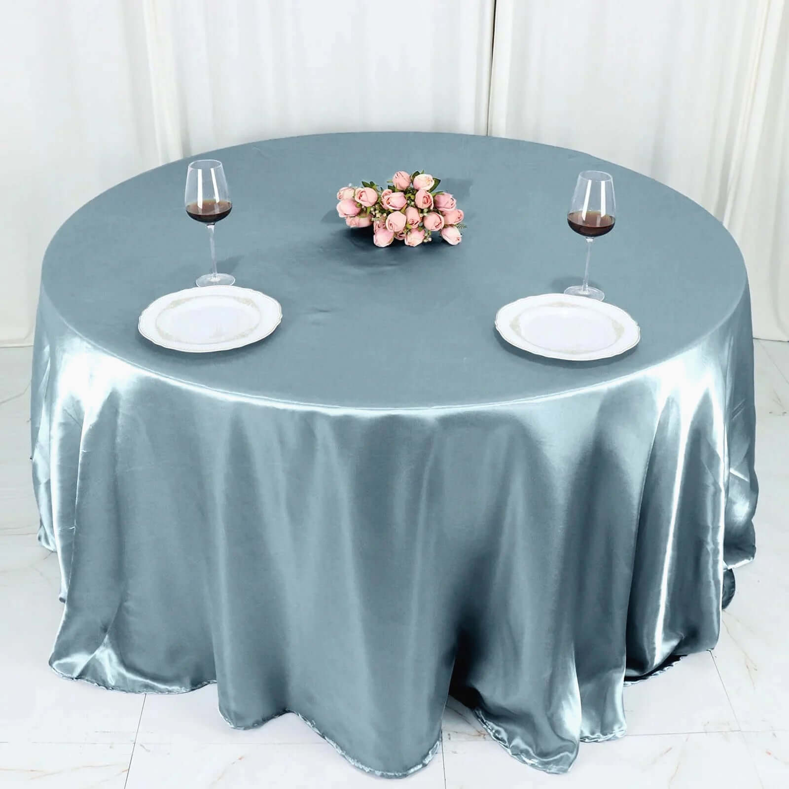 Stylish Seamless Dusty Blue Satin 132-Inch Round Tablecloth