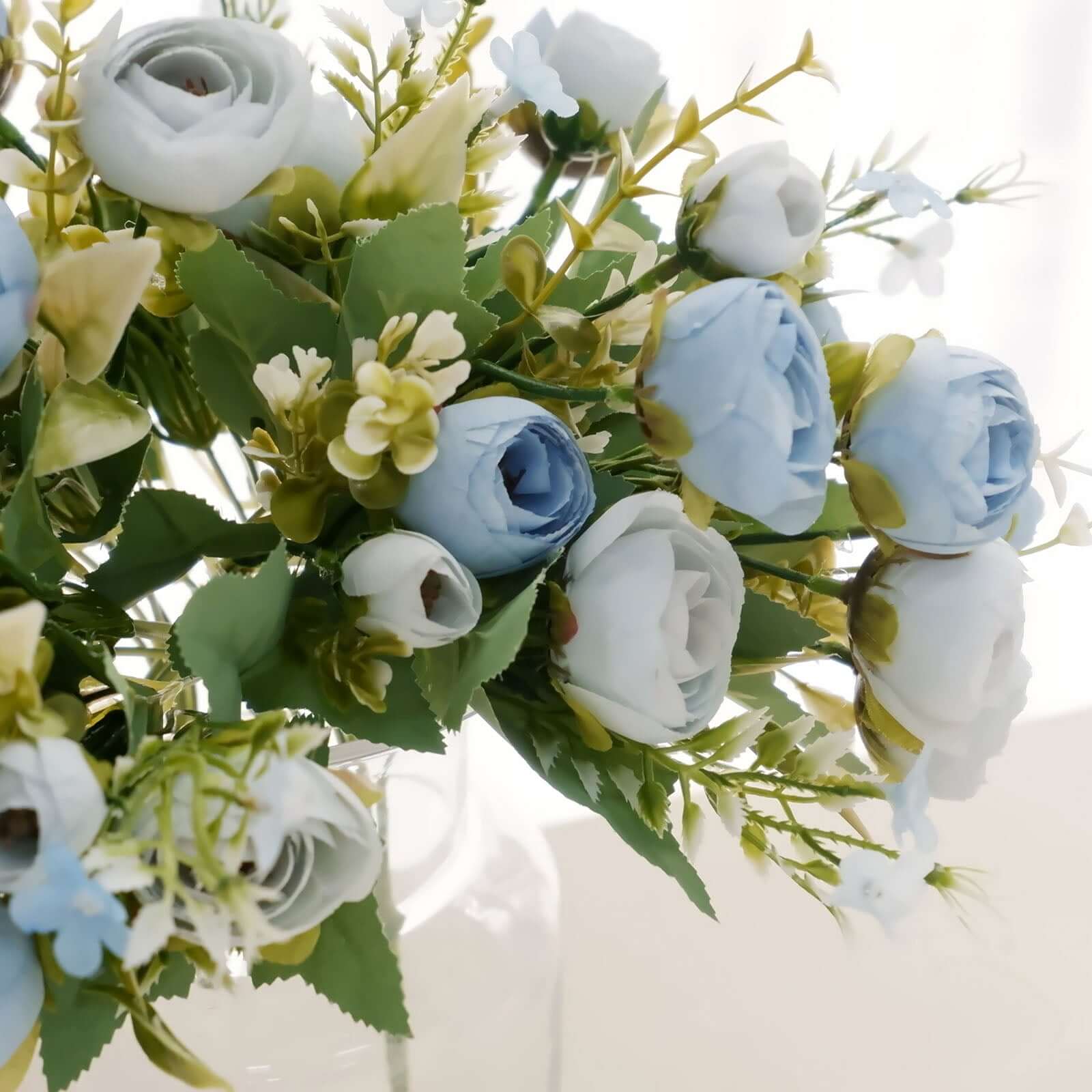 4-Pack Dusty Blue Artificial Ranunculus Silk Flower Bouquets for Bridal and Decor