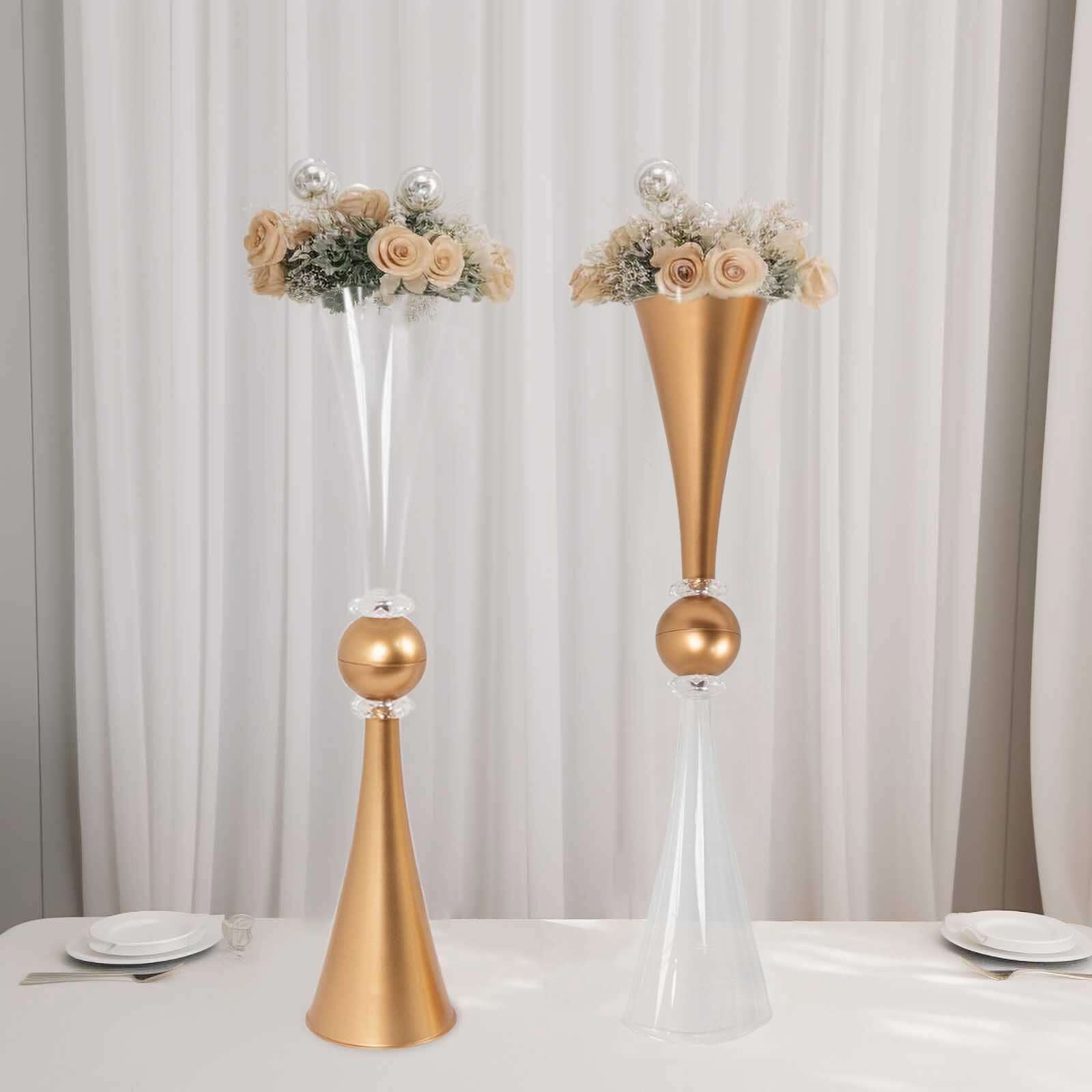 Hot Deal! 2-Pack Reversible Plastic Trumpet Flower Vases with Crystal Embellishments in Clear and Gold for Events