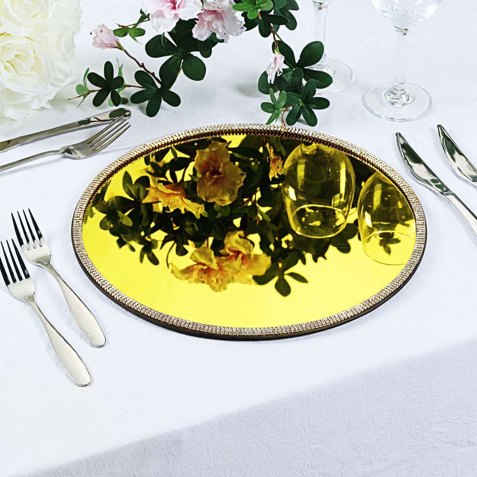 Hot Sale! 2-Pack 13-Inch Round Glass Charger Plates with Metallic Gold Mirror Rhinestone Rim for Decor