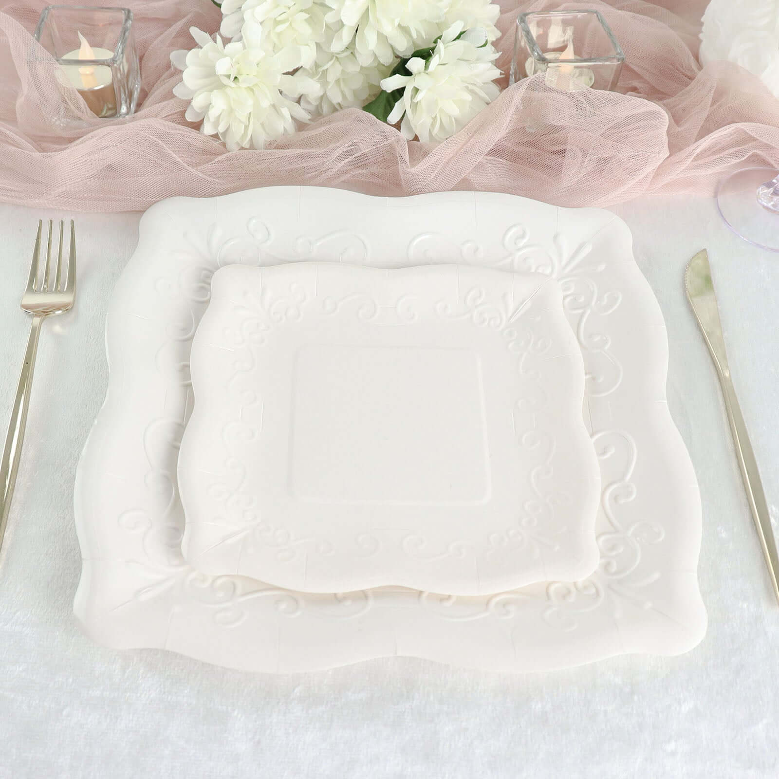 25-Pack White Square 7-Inch Disposable Dessert Plates with Vintage Pottery Embossed Design - Ideal for Special Events