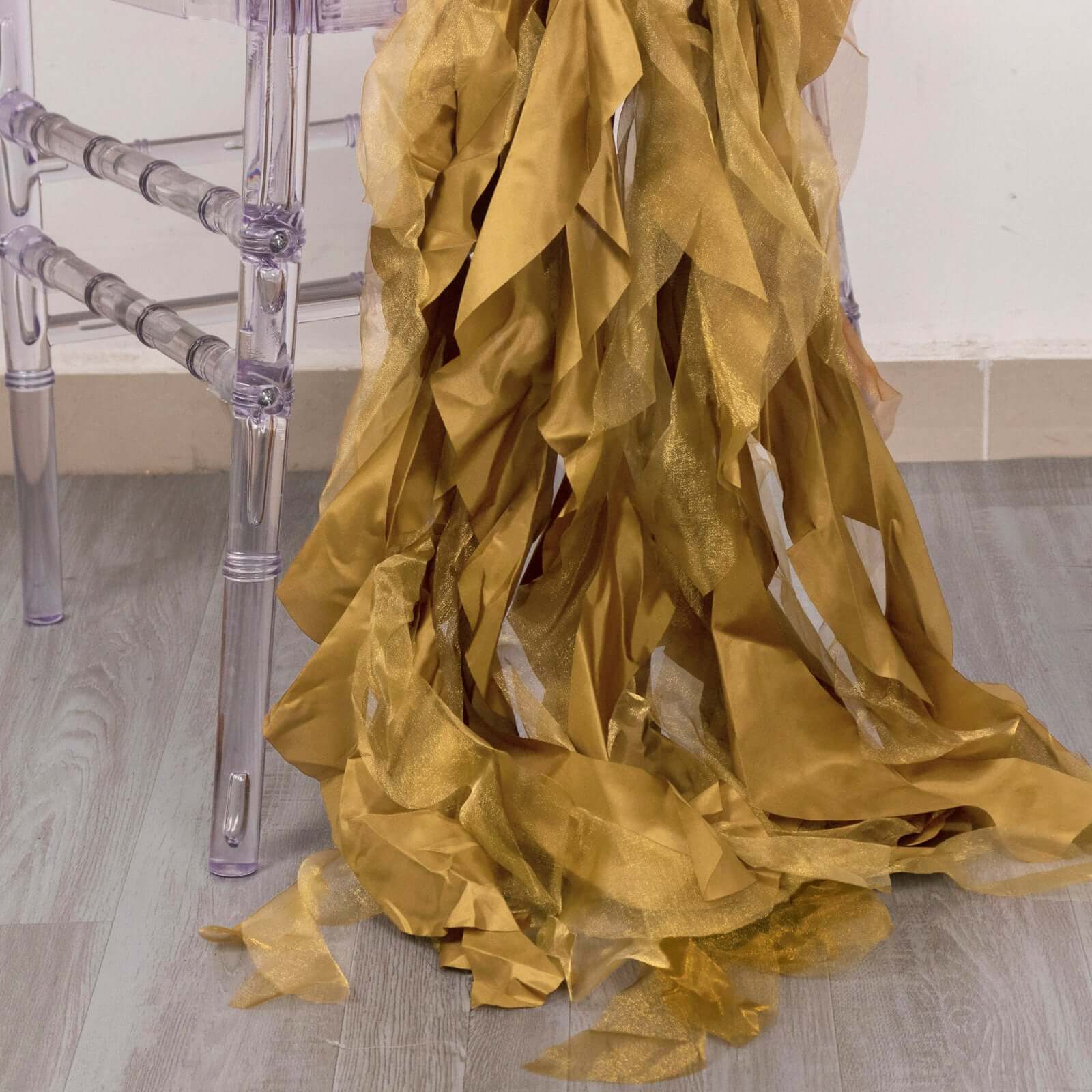 5-Pack Gold Chiffon Satin Curly Willow Chair Sashes - Easy Install, Ideal for Weddings