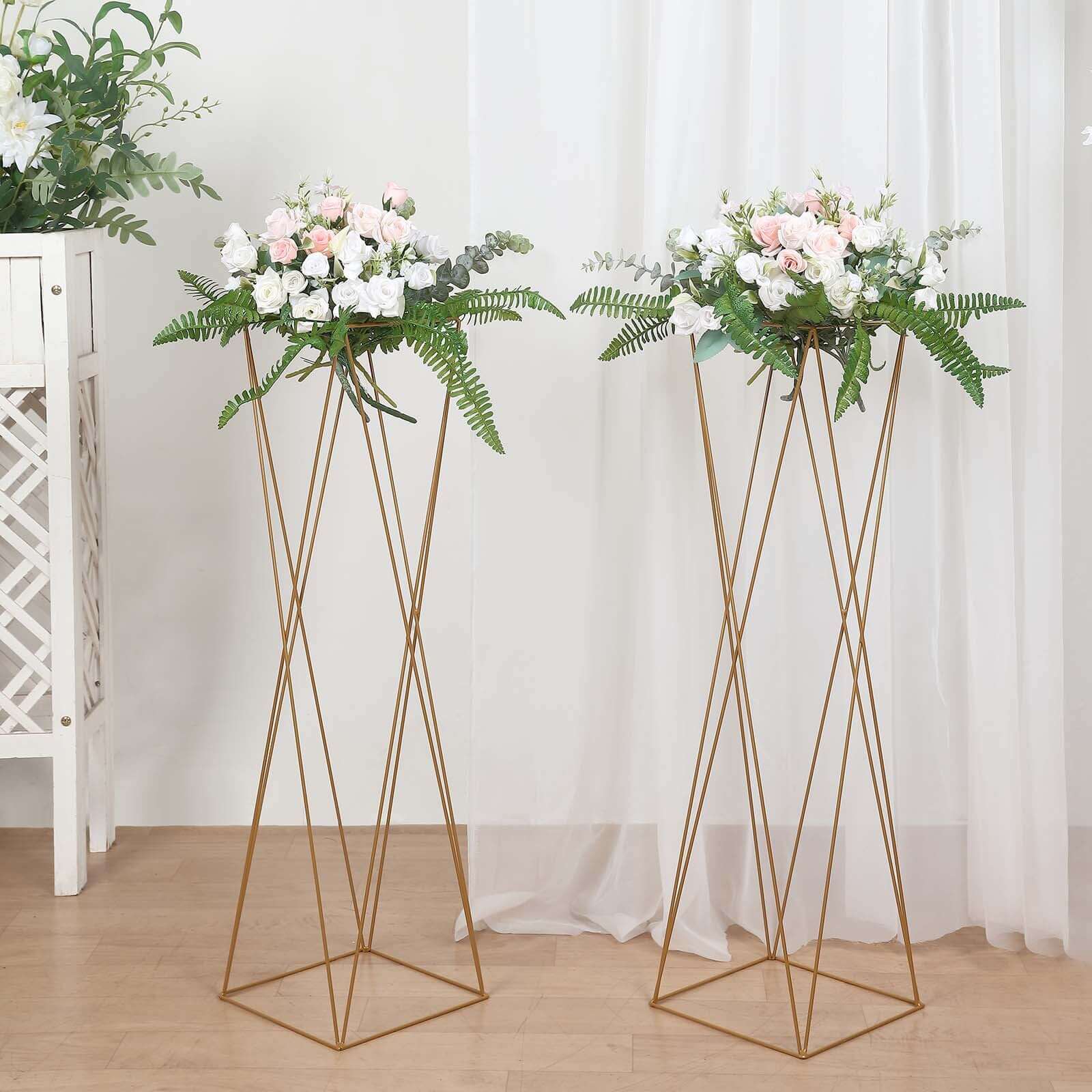 2-Pack Gold Metal Geometric Crisscross Open Column Pedestal Stands for Wedding Centerpieces, 32 Inches