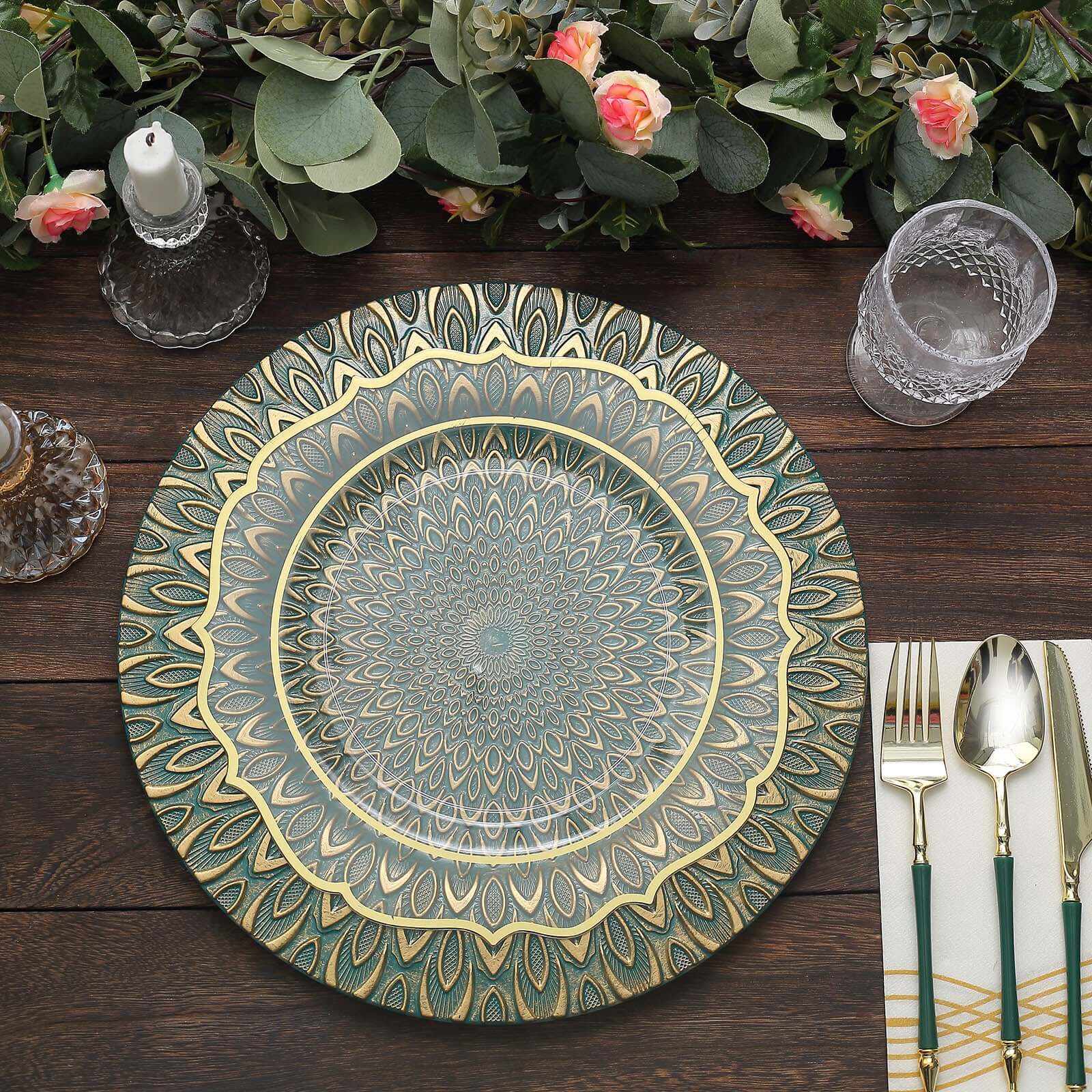 6-Piece Set of 13-Inch Teal Plastic Charger Plates with Gold Embossed Peacock Design