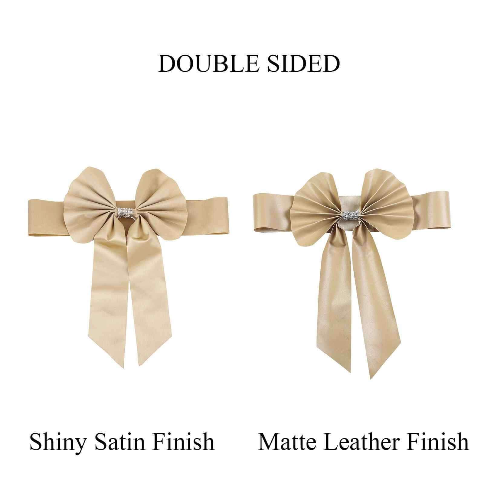 Set of 5 Durable Double-Sided Champagne Satin Faux Leather Chair Sashes with Diamond Rhinestone Buckles