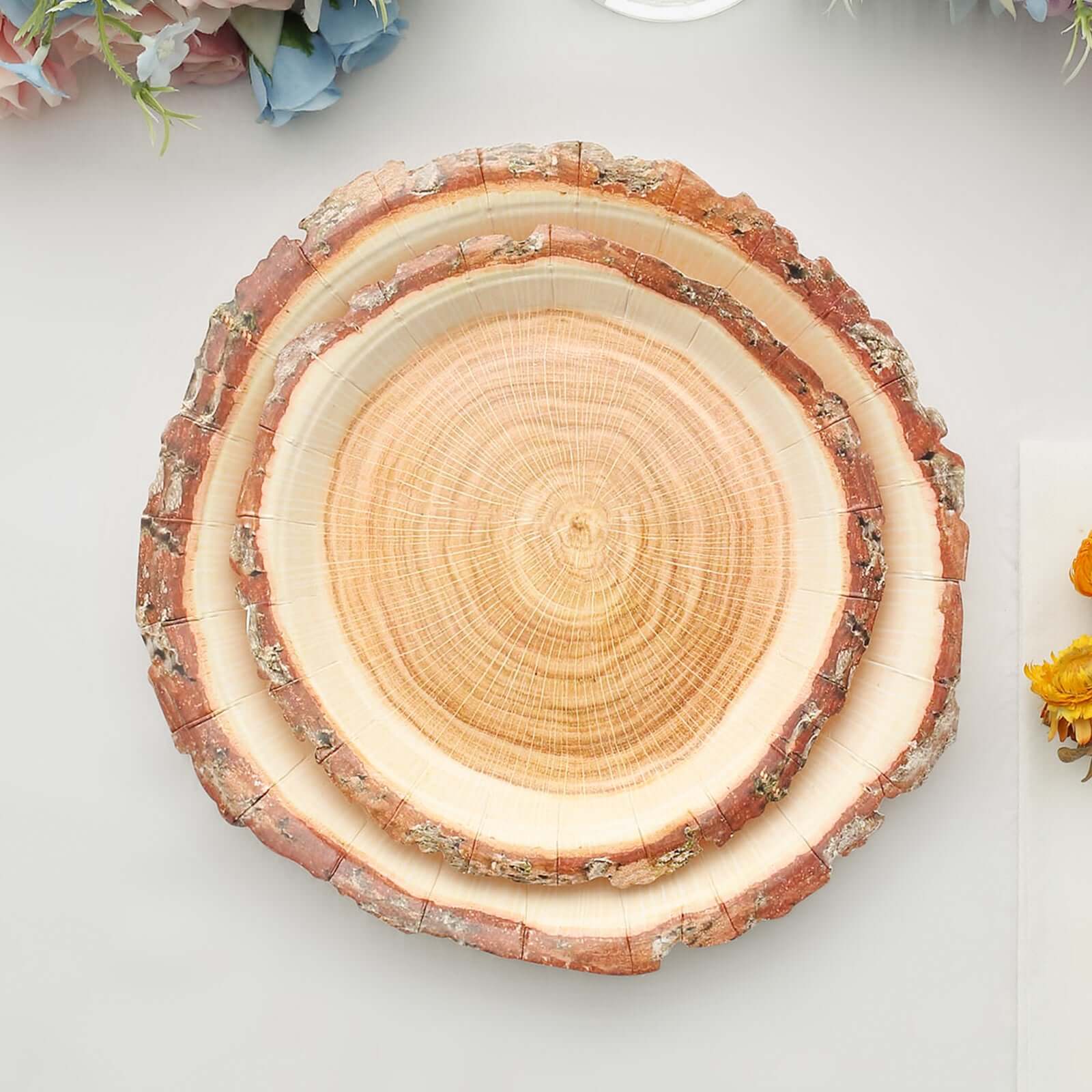 25-Pack Disposable 7-Inch Round Paper Dessert Plates with Natural Wood Slice Print for Rustic Farmhouse Events