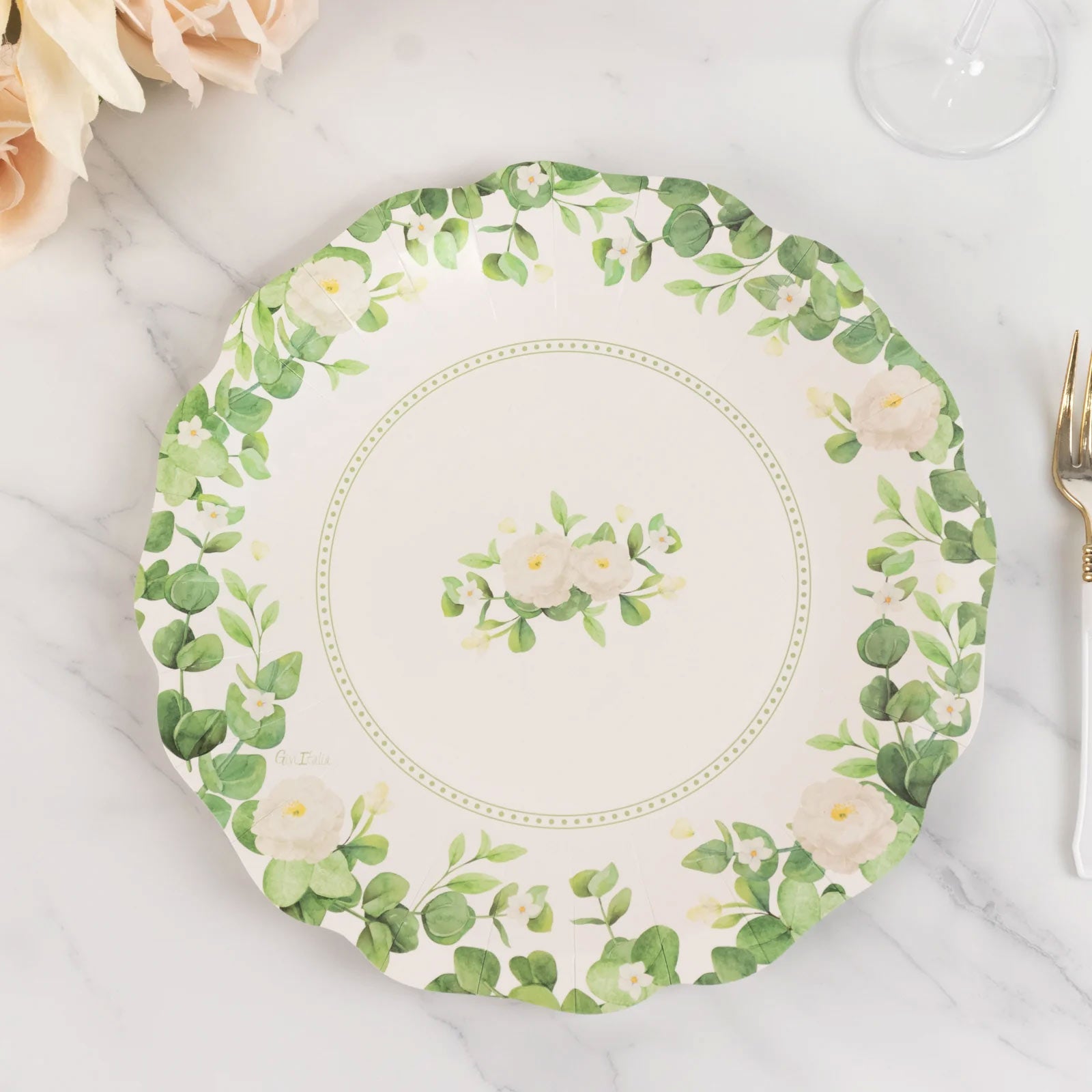 25-Pack White Floral Greenery Scalloped Edge Paper Dinner Plates - Ideal for Nature-Inspired & Chic Parties