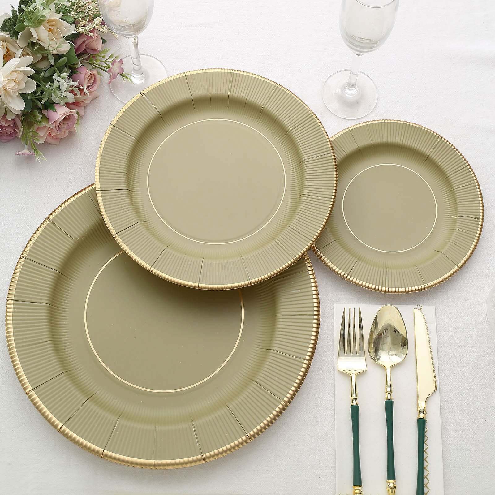 25-Pack Disposable 8-Inch Round Khaki Sunray Dessert Plates with Gold Rim - Heavy Duty 350GSM
