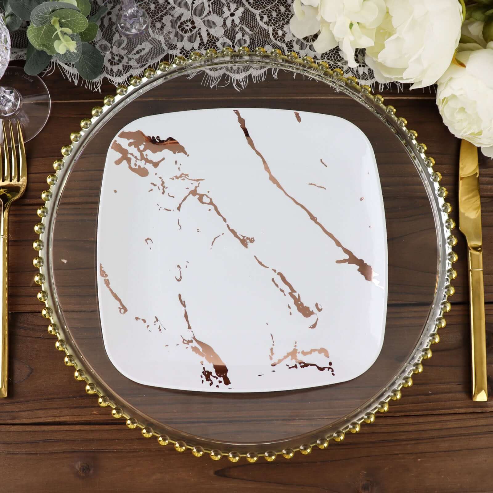 10-Pack Disposable White Plastic Dessert Plates with Rose Gold Marble Design - Ideal for Parties