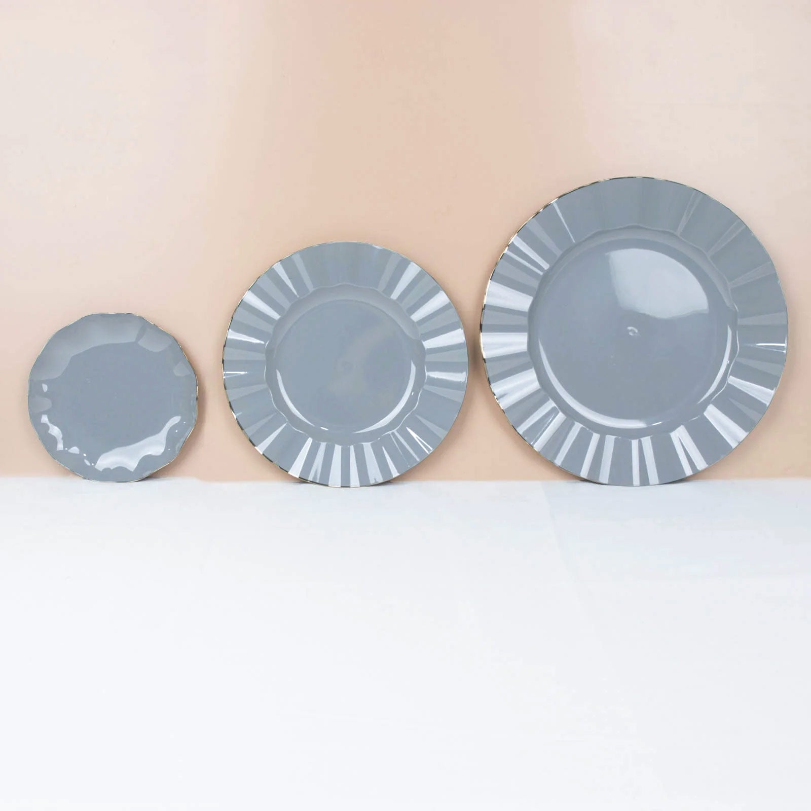 10-Pack Sturdy Disposable 11" Round Dusty Blue Dinner Plates with Gold Ruffled Edging