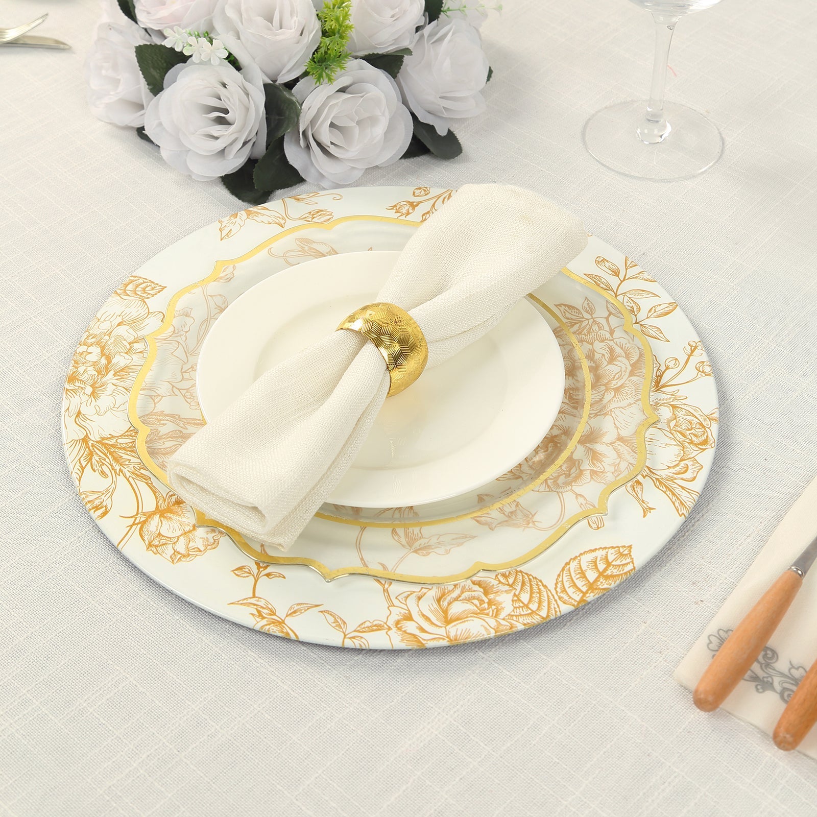 Hot Sale! 6-Pack 13-Inch White Acrylic Round Charger Plates with Gold Floral French Toile Pattern