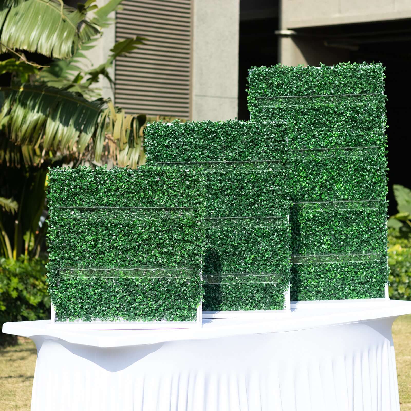 Exclusive Set of 3 Green Champagne Wall Glass Holders - Tiered Faux Boxwood Stemware Racks for Classy Events
