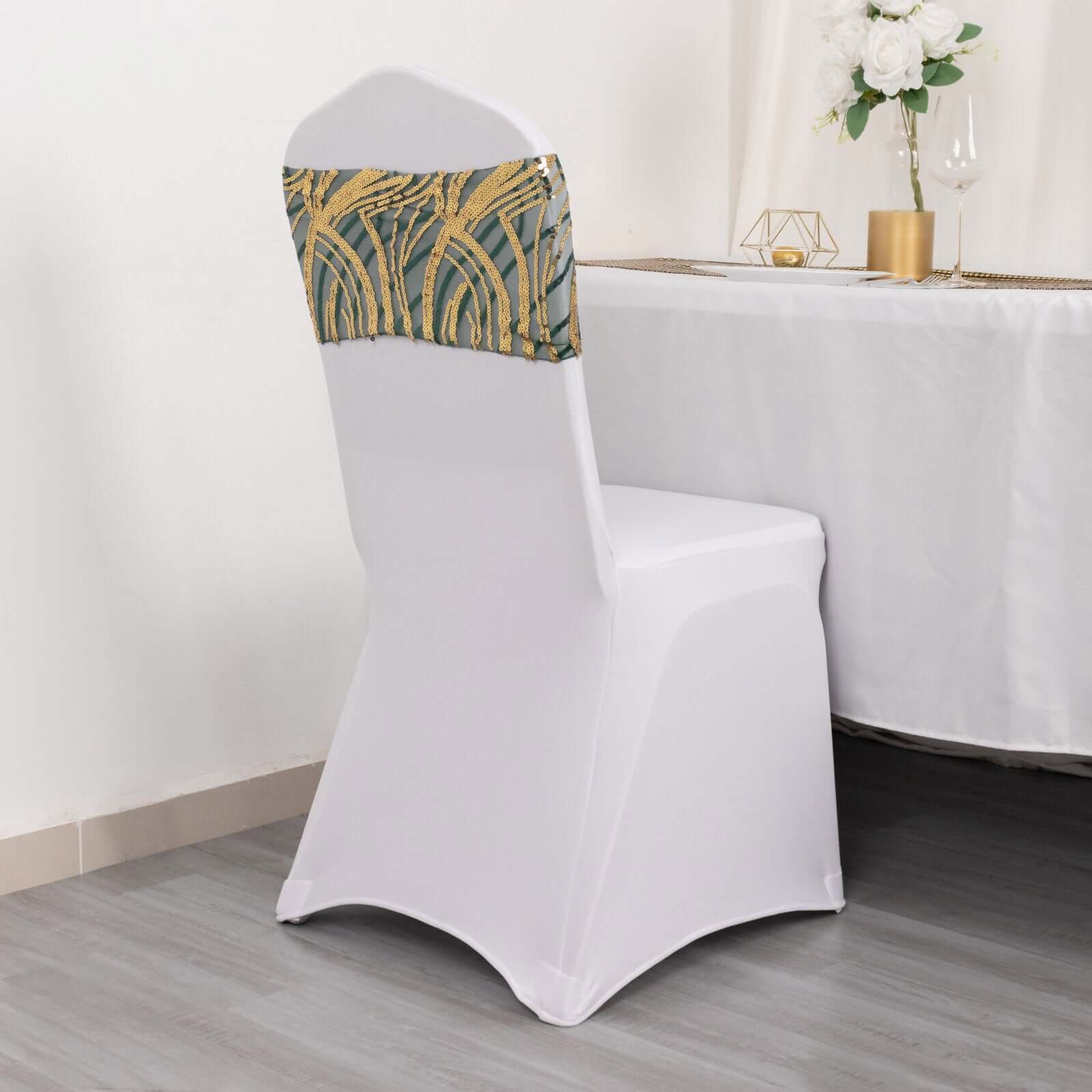 Hot Deal! 5-Pack Hunter Emerald Green/Gold Chair Sash Bands with Wave Embroidered Sequins