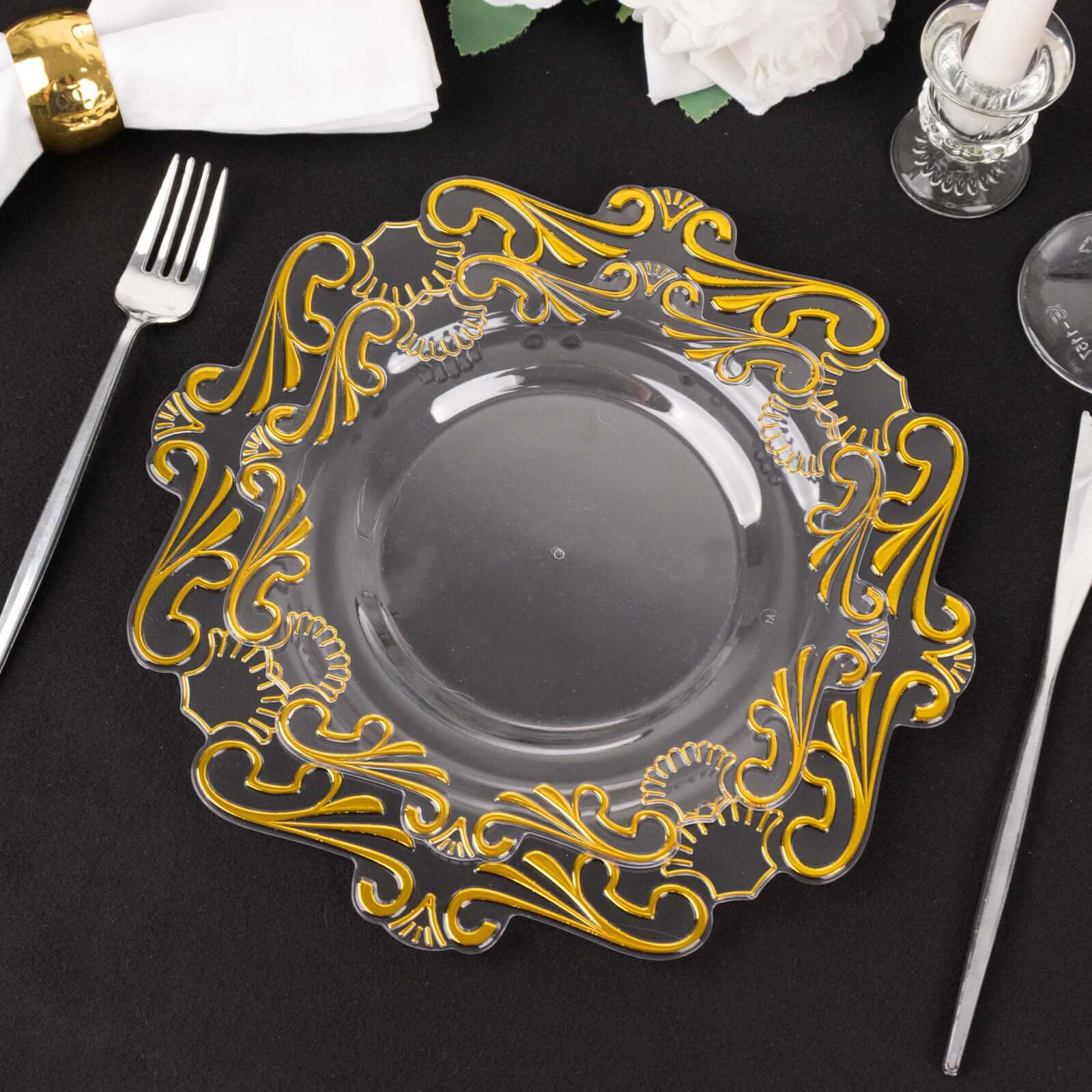 10-Piece Set of Clear Plastic Round Dessert Plates with Gold Vintage Baroque Scalloped Edge
