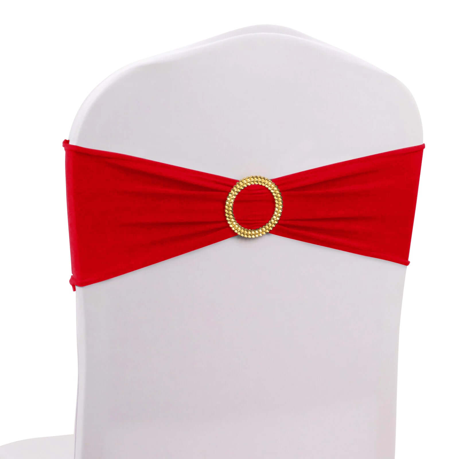 Set of 5 Reusable Red Spandex Chair Sashes with Gold Rhinestone Plastic Buckles, 5x14