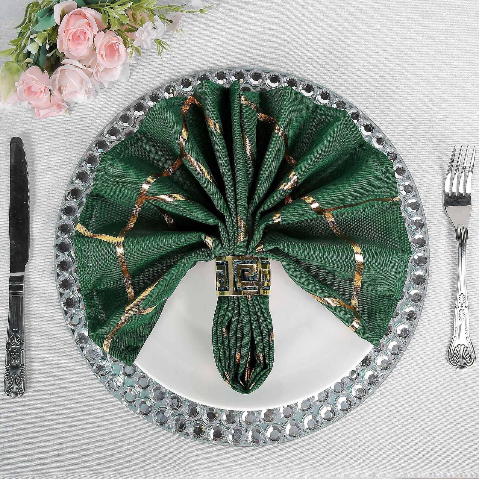 Set of 5 Reusable 20x20 Polyester Dinner Napkins in Hunter Emerald Green with Gold Geometric Foil Design