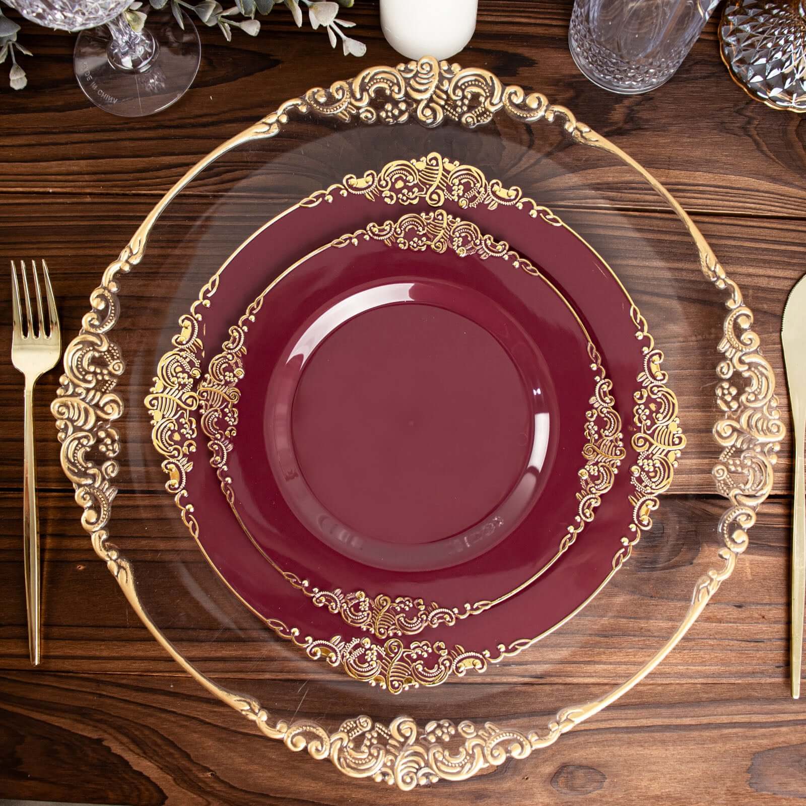 Hot Deal! 10-Pack Disposable Burgundy Plastic Round Dinner Plates with Gold Leaf Embossed Rim, Vintage Baroque Style