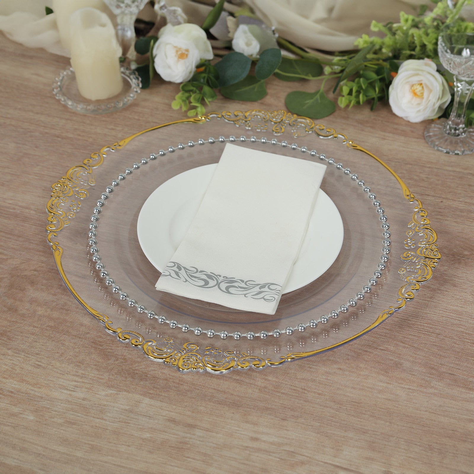 20-Pack Clear Plastic Round Charger Plates with Gold Embossed Baroque Rim - Ideal for Dinner Parties