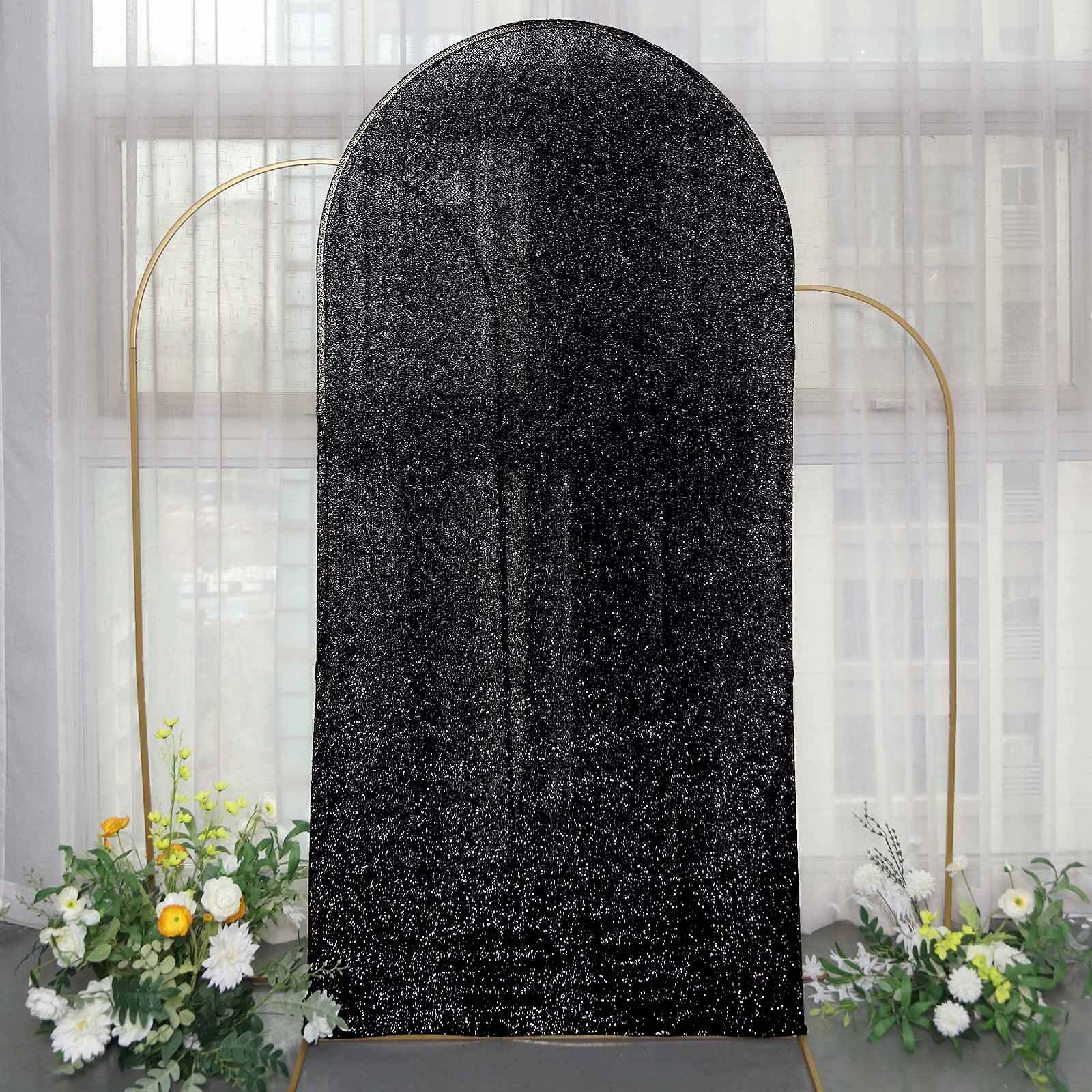7ft Black Shimmer Tinsel Spandex Cover for Fitted Round - Top Wedding Arch Stand