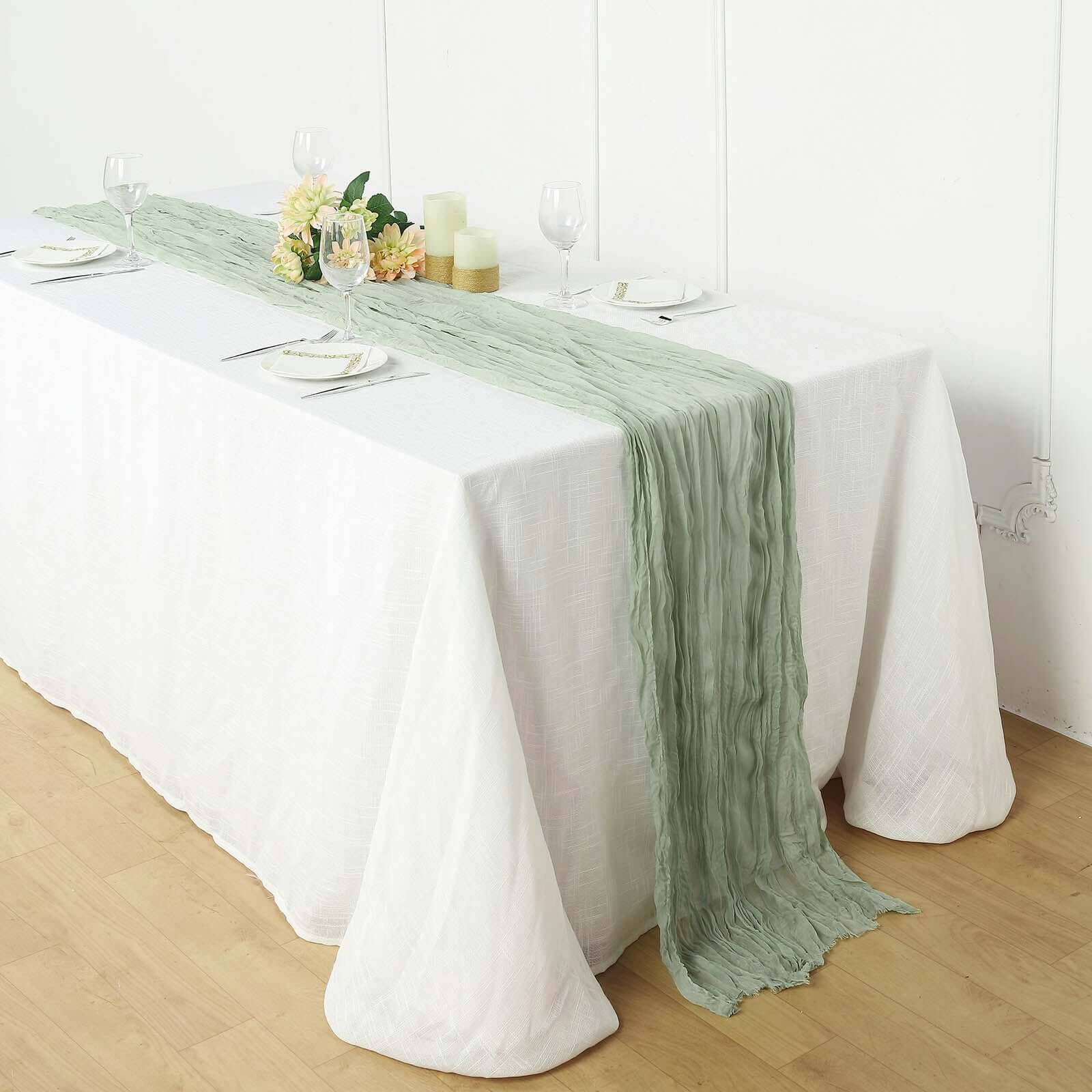 Hot Sale! Rustic Boho Style Sage Green Gauze Cheesecloth 10ft Table Runner for Weddings and Events