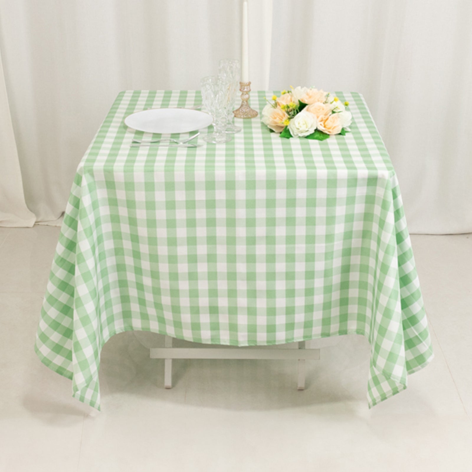 Premium Polyester Checkered Buffalo Plaid Table Cover in White/Sage Green, 70x70 Square