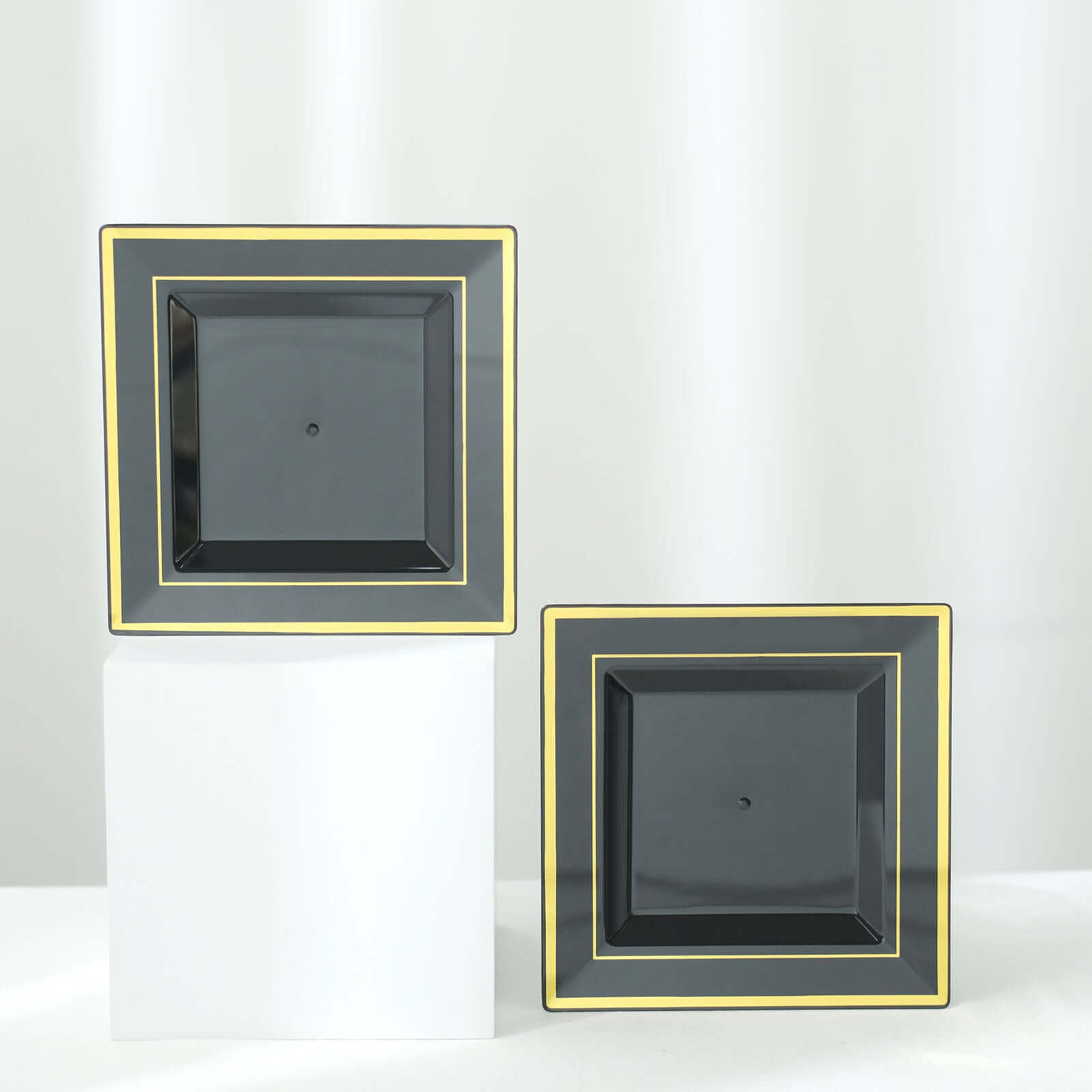 10-Piece Set of Durable Disposable Black Square Salad & Dessert Plates with Gold Trim, 7 Inches