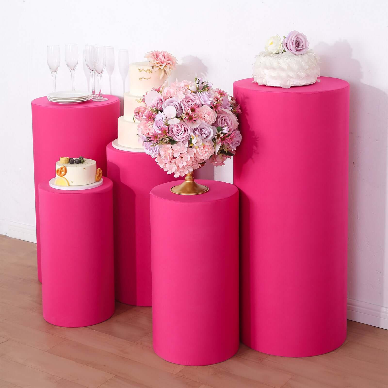 Hot Deal! Set of 5 Fuchsia Stretchable 160 GSM Spandex Cylinder Pedestal Stand Covers