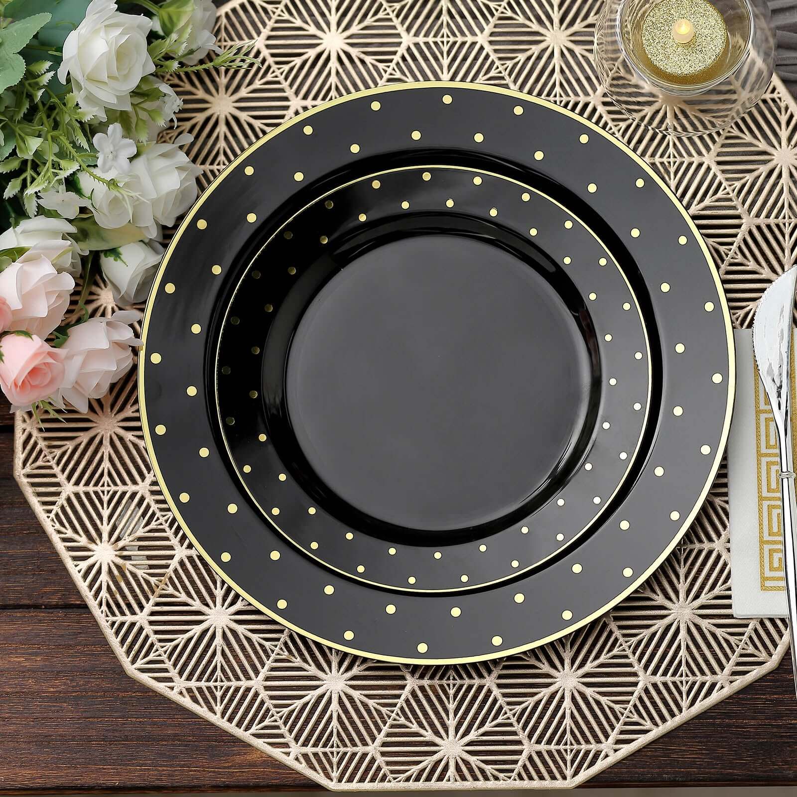10-Piece Set of 7.5-Inch Black Plastic Dessert Plates with Gold Dot Rim, Disposable Salad Plates