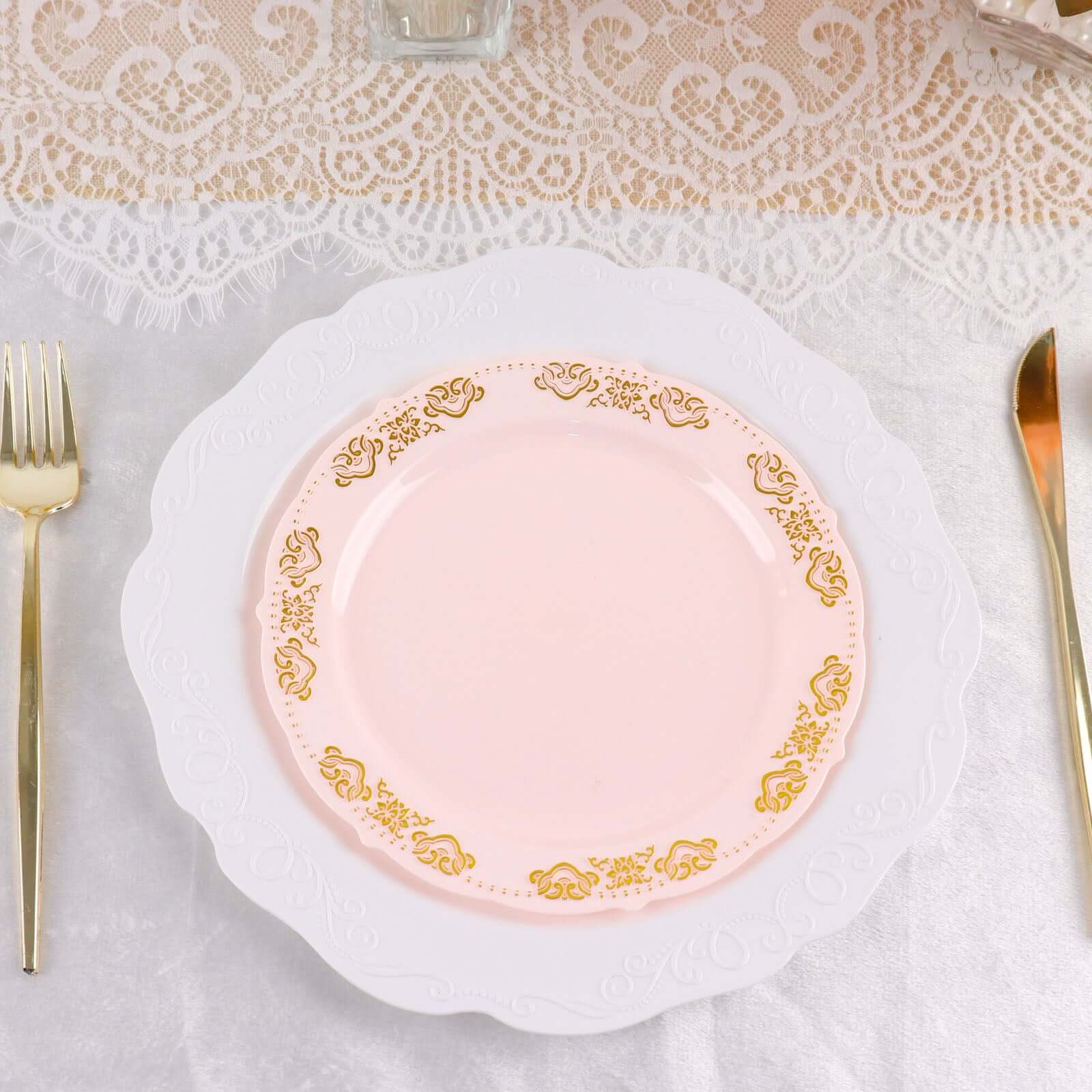 Hot Deal! 10-Pack Disposable Blush Plastic Round Appetizer Plates with Gold Embossed Scalloped Edge for Special Events