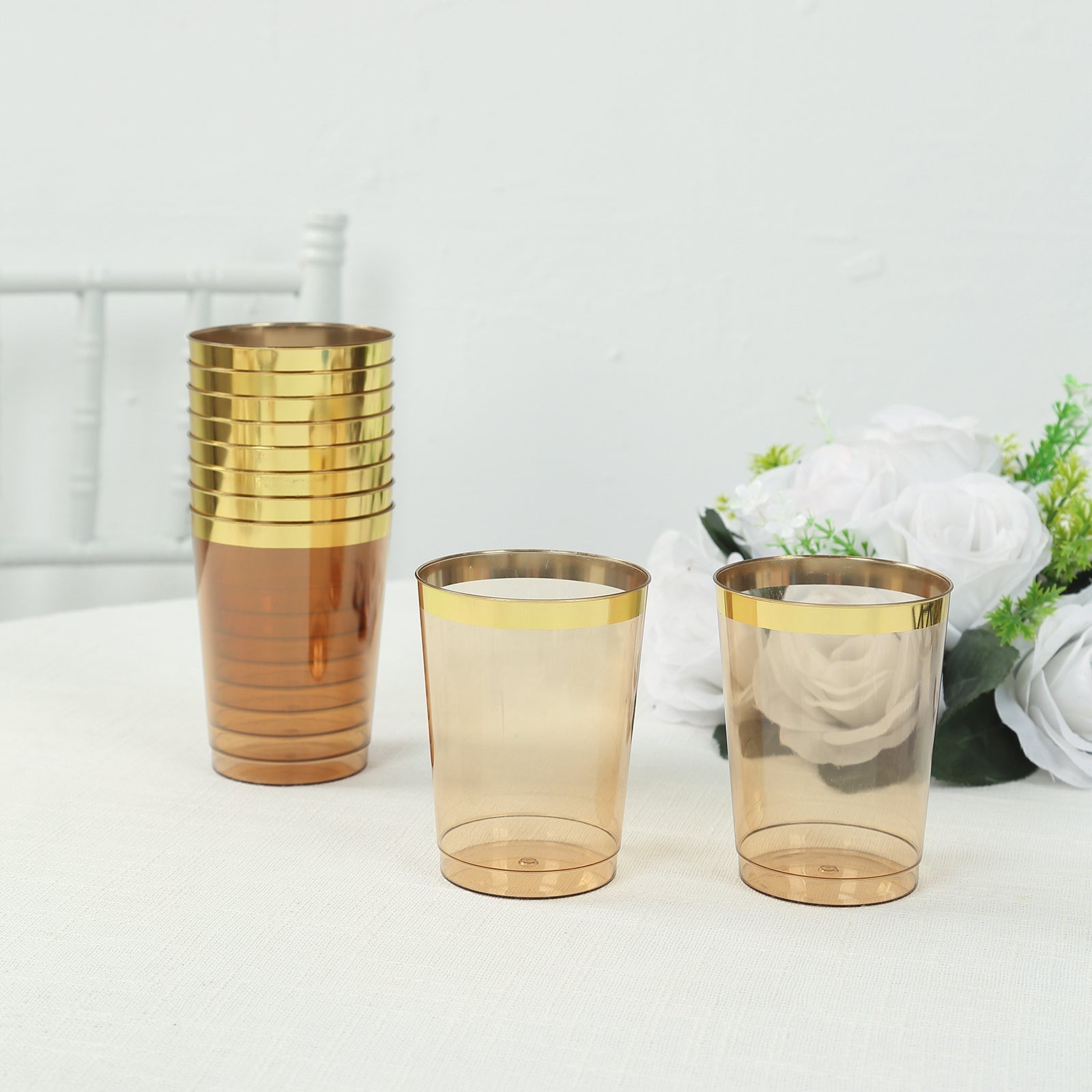 Get 25-Pack of 10oz Transparent Amber Gold Plastic Tumbler Cups with Gold Rim for Stylish Disposable Party