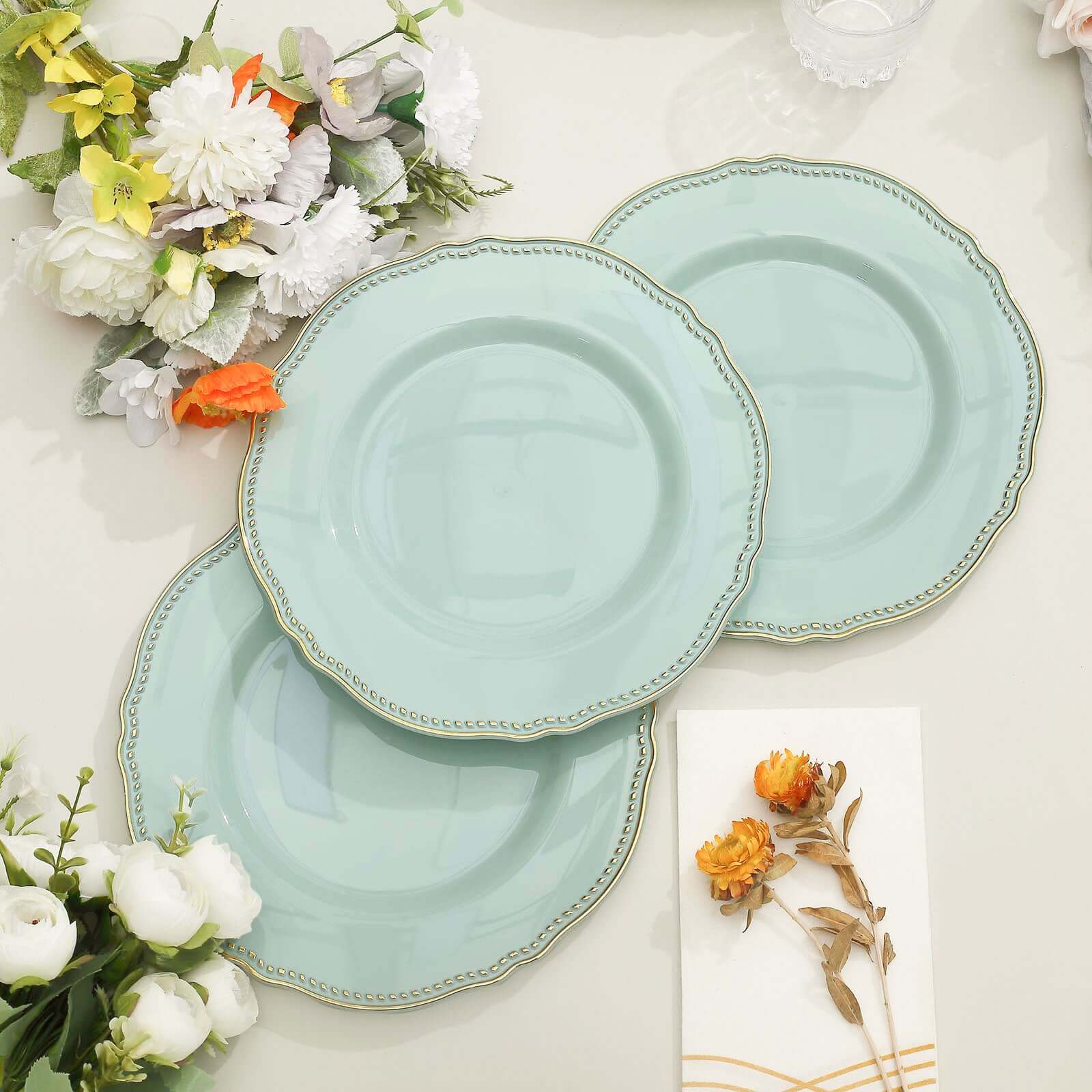 10-Pack Disposable Jade Plastic Dinner Plates with Gold Scalloped Rim - 9 Inches