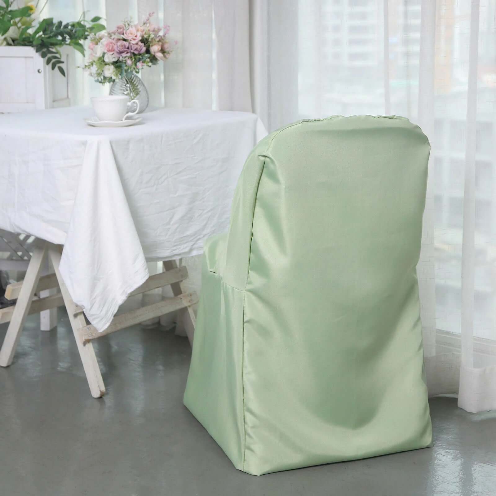 Get 10-Pack Sage Green Polyester Wrinkle-Free Slip-On Chair Covers for Folding Chairs
