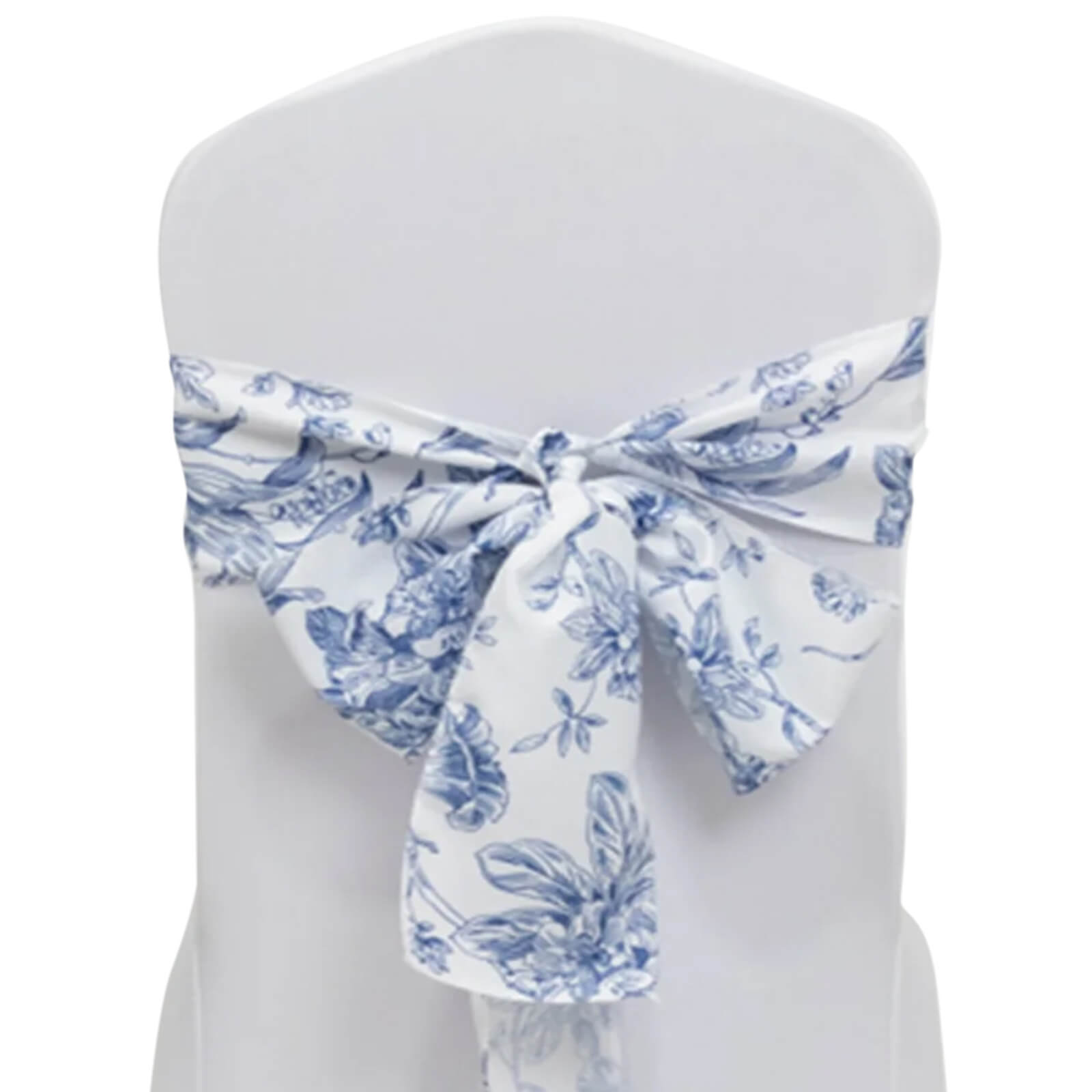Wrinkle-Resistant Polyester Chair Sashes in White/Blue French Toile Floral Design for Weddings & Banquets