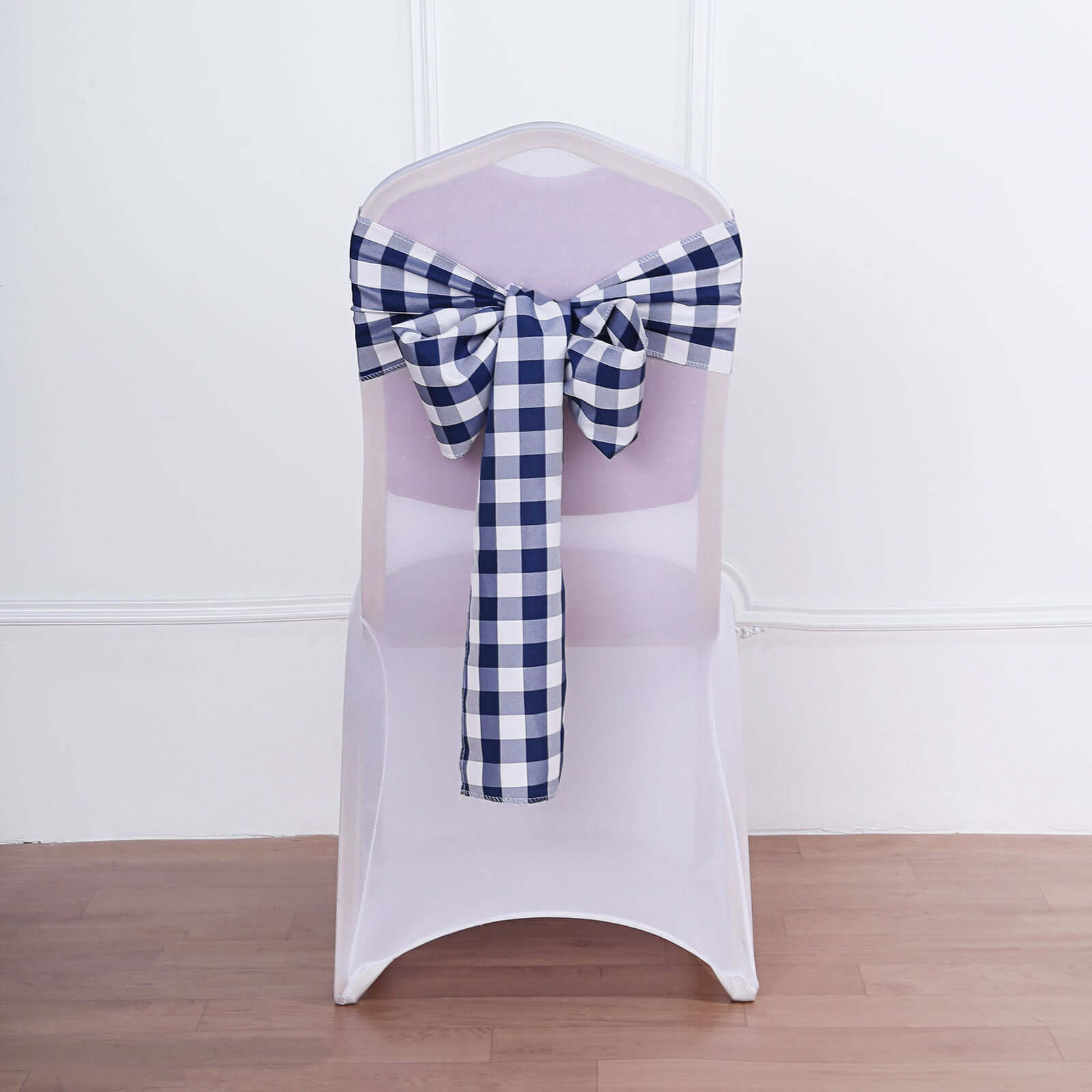 Get 5-Pack Durable & Reusable Navy Blue/White Buffalo Plaid Polyester Chair Sashes