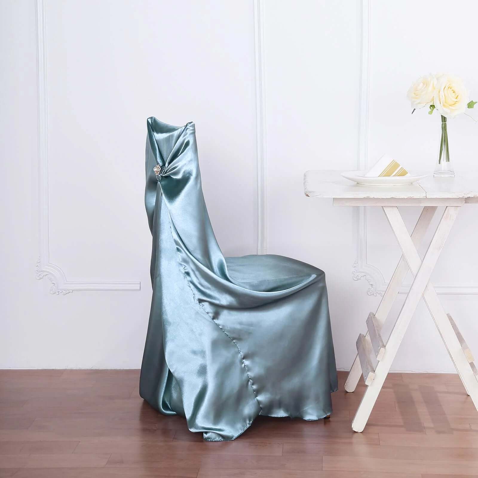 Dusty Blue Satin Self-Tie Chair Cover - Universal Slip-On for Folding, Dining & Banquet Chairs