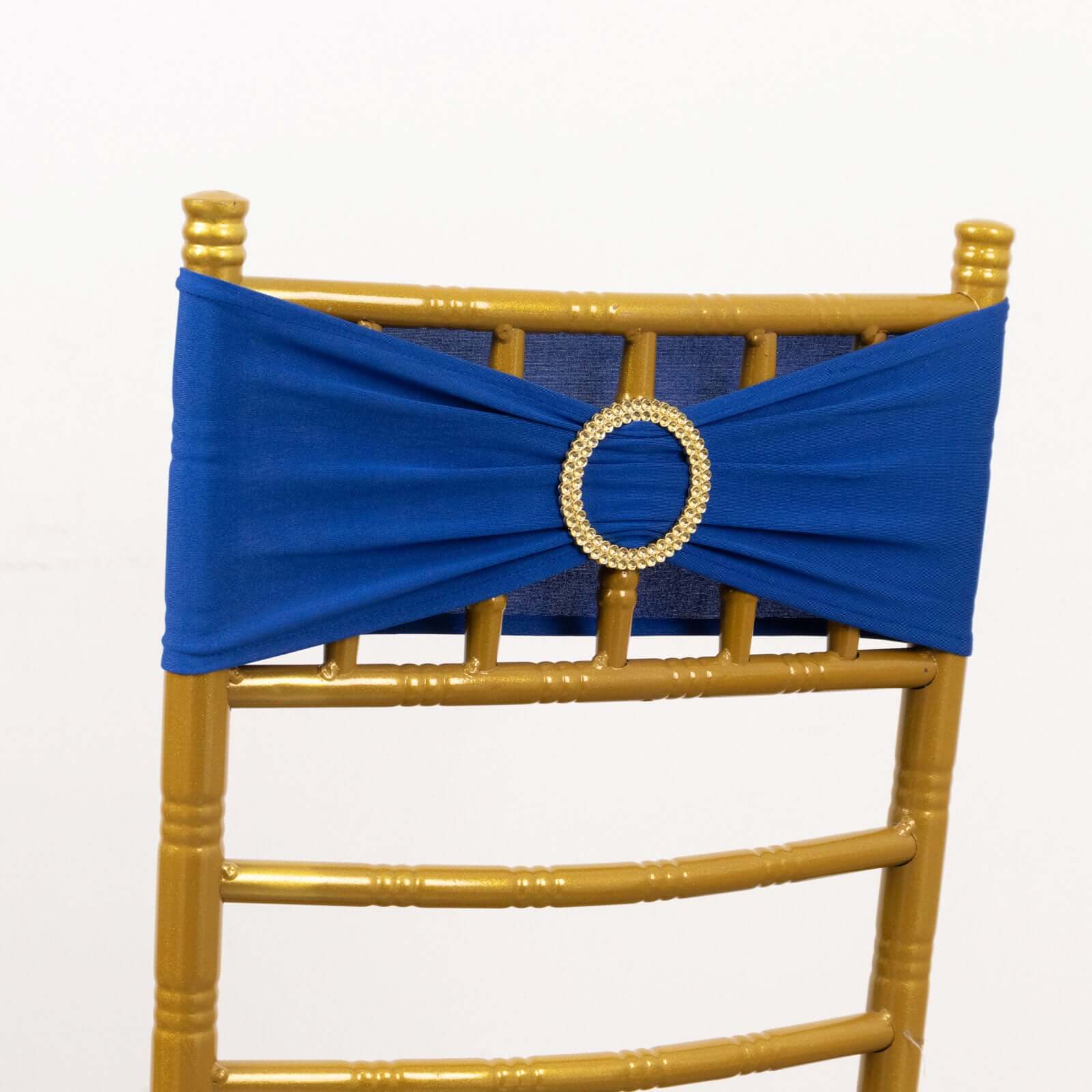 Royal Blue Spandex Chair Sashes with Gold Rhinestone Buckles - 5 Pack, Reusable & Four-Way Stretch