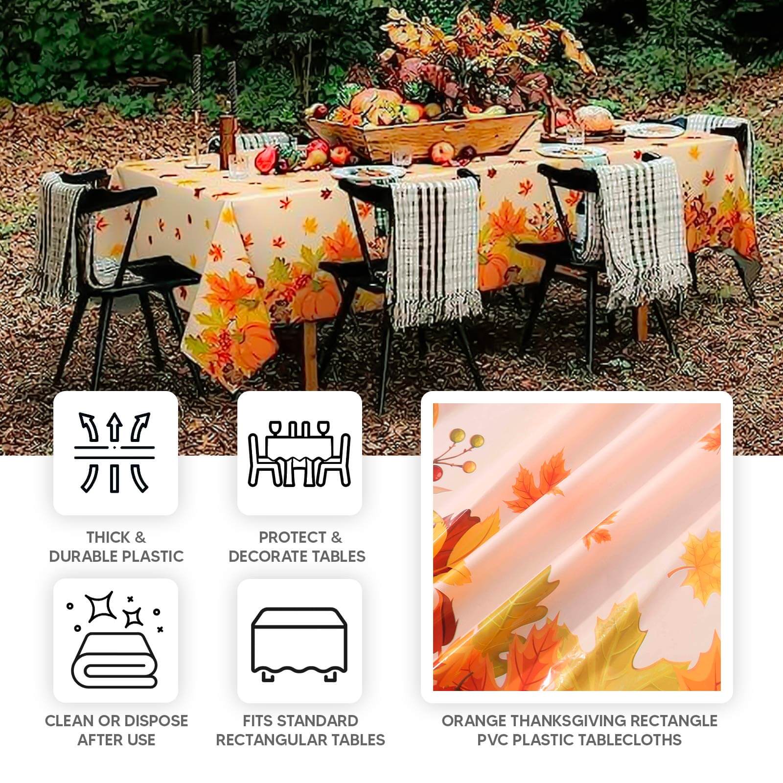 5-Pack Orange Thanksgiving Plastic Rectangle Tablecloths with Fall Leaves & Pumpkin Print - Festive PVC Disposable Covers