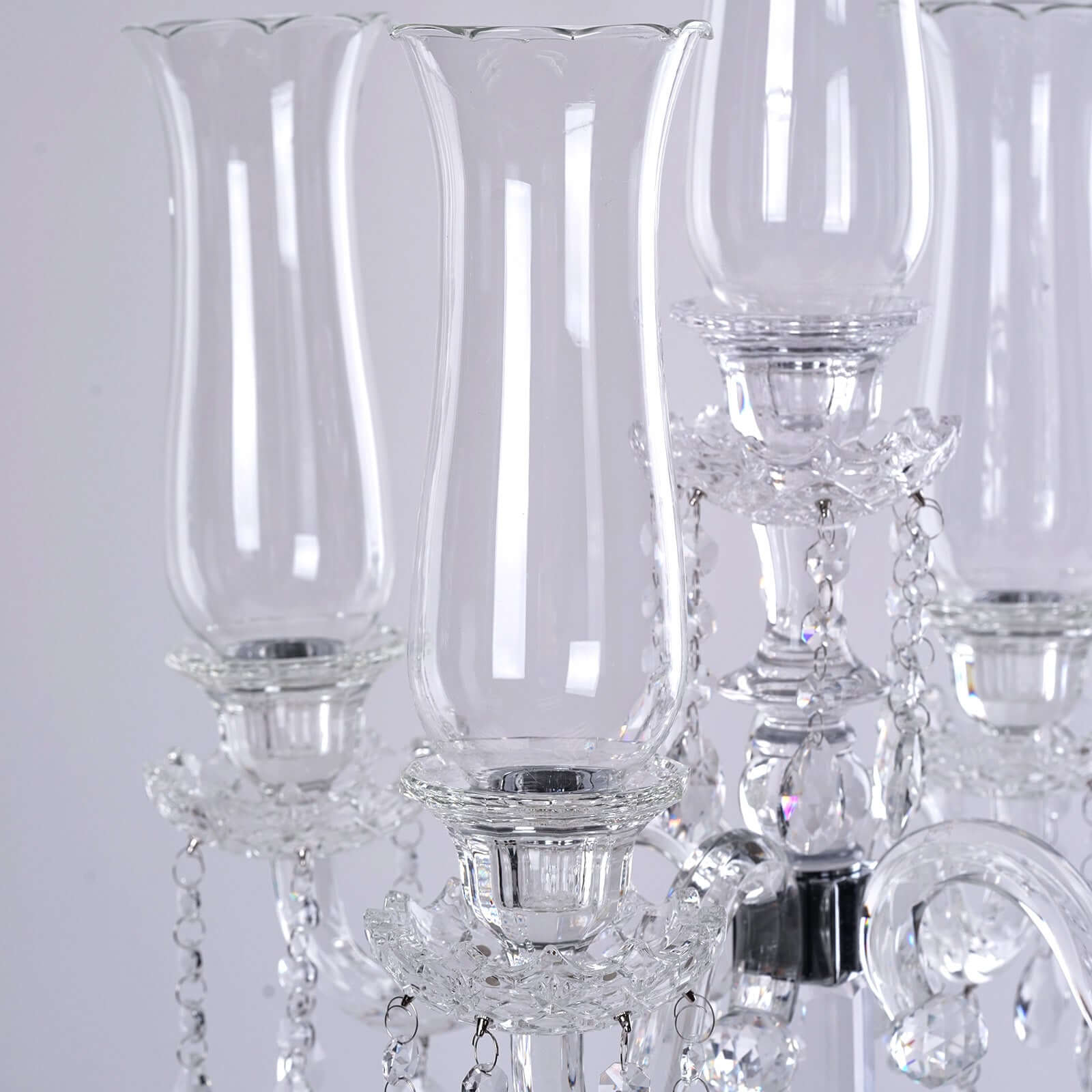 Hot Sale! 5 - Arm Crystal Glass Taper Candelabra, Stylish Table Centerpiece with Chandelier Chains, 32 Inches