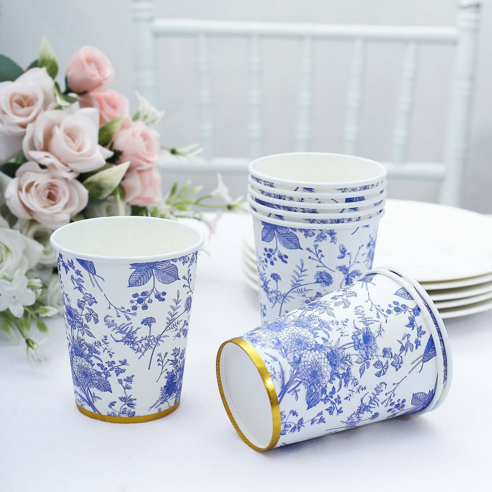 24-Pack 9oz Disposable Paper Party Cups in Elegant French Toile Pattern with Gold Rim