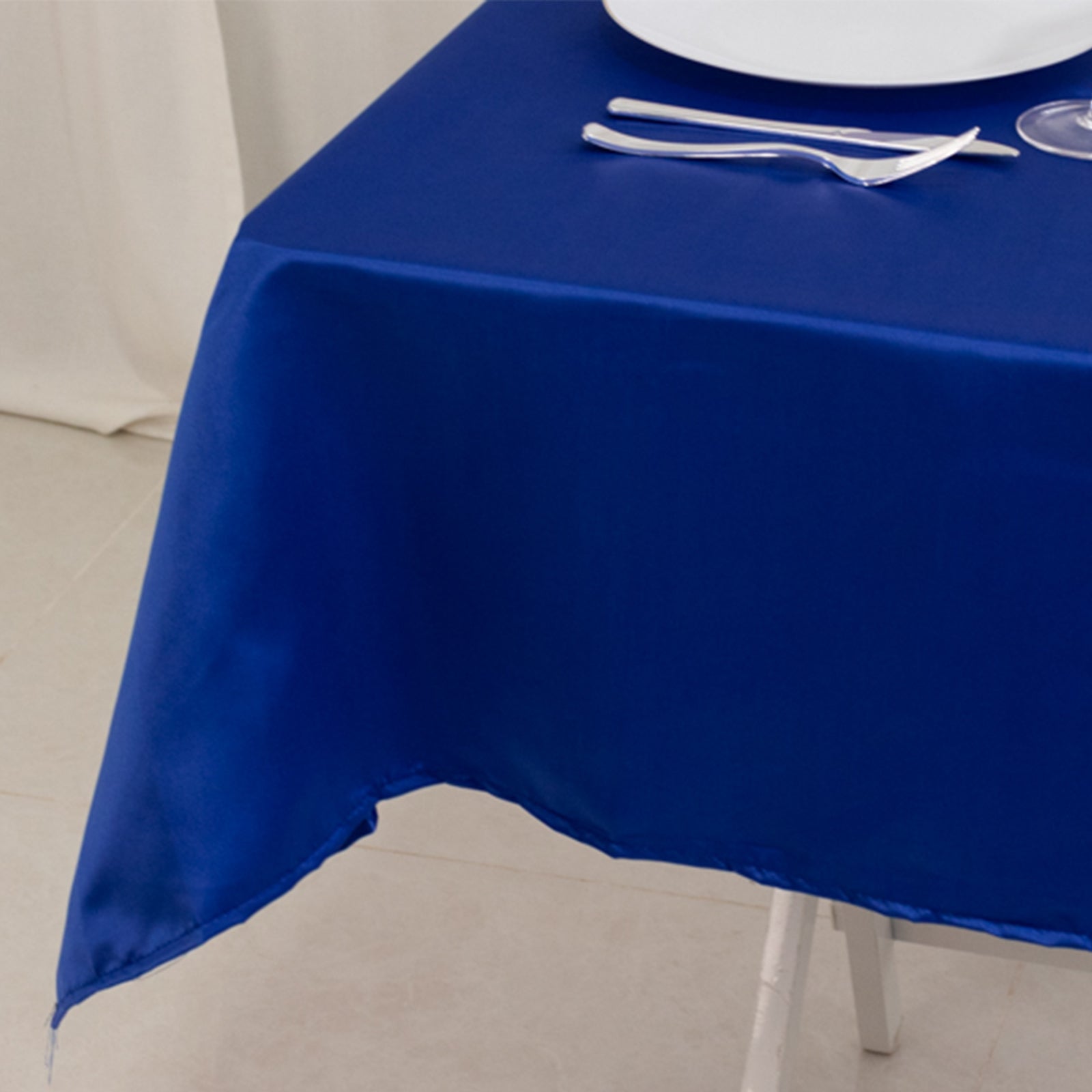 Royal Blue Lamour Satin Square Table Overlay - 54x54, Durable & Silk-Like Table Cover