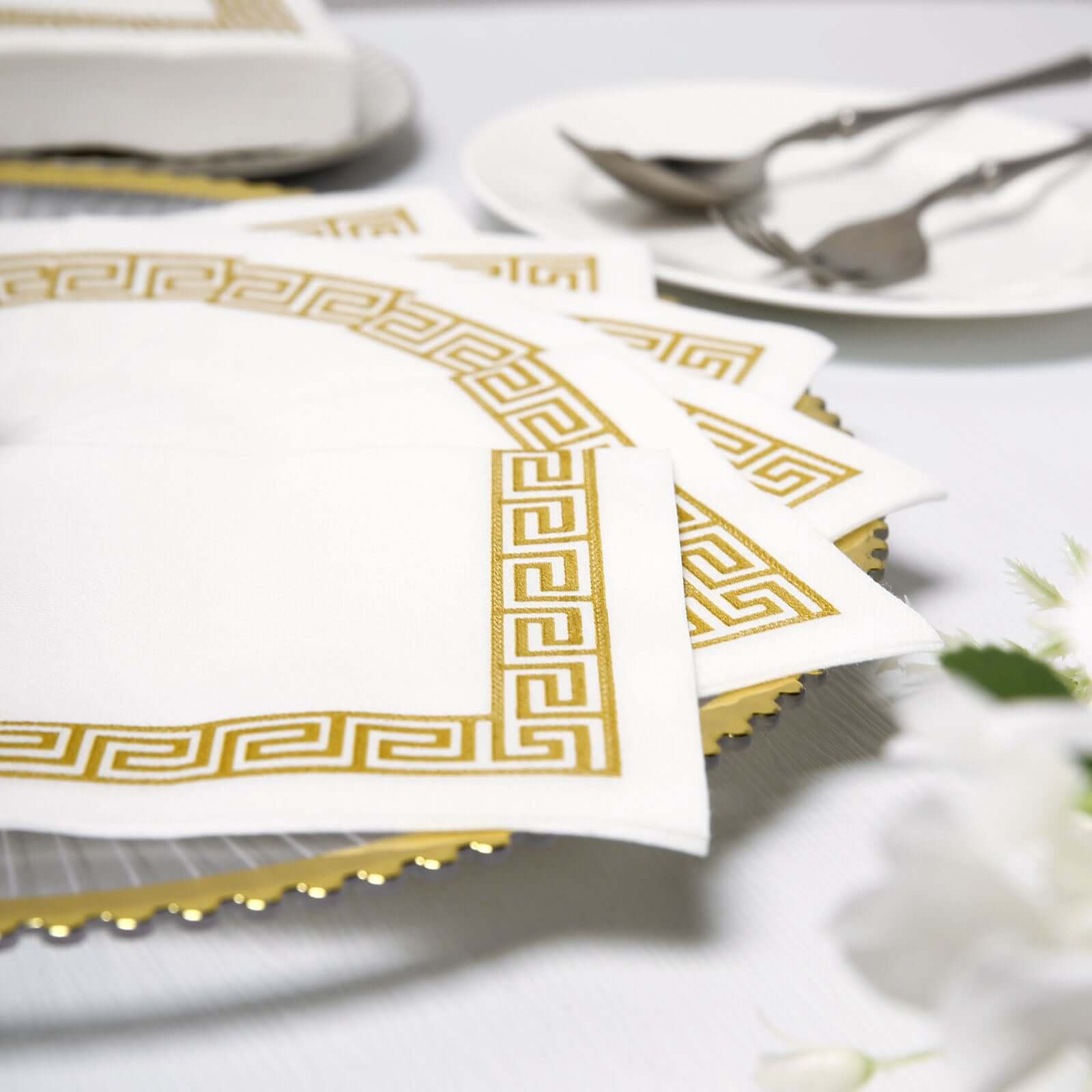 25-Piece Set of Hygienic Disposable Airlaid White Napkins with Gold Greek Key Design, 5x5 Size