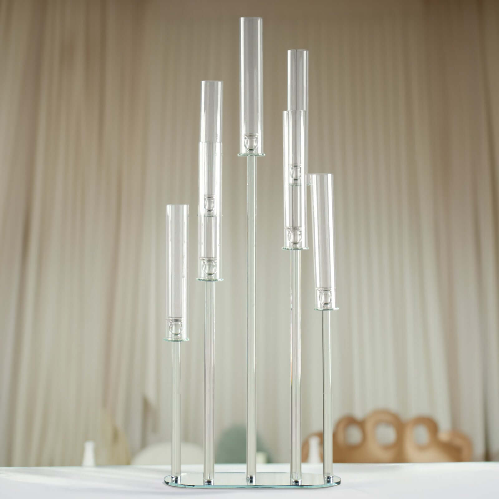 7-Arm Clear Crystal Candelabra with Hurricane Shades - Perfect Wedding Centerpiece