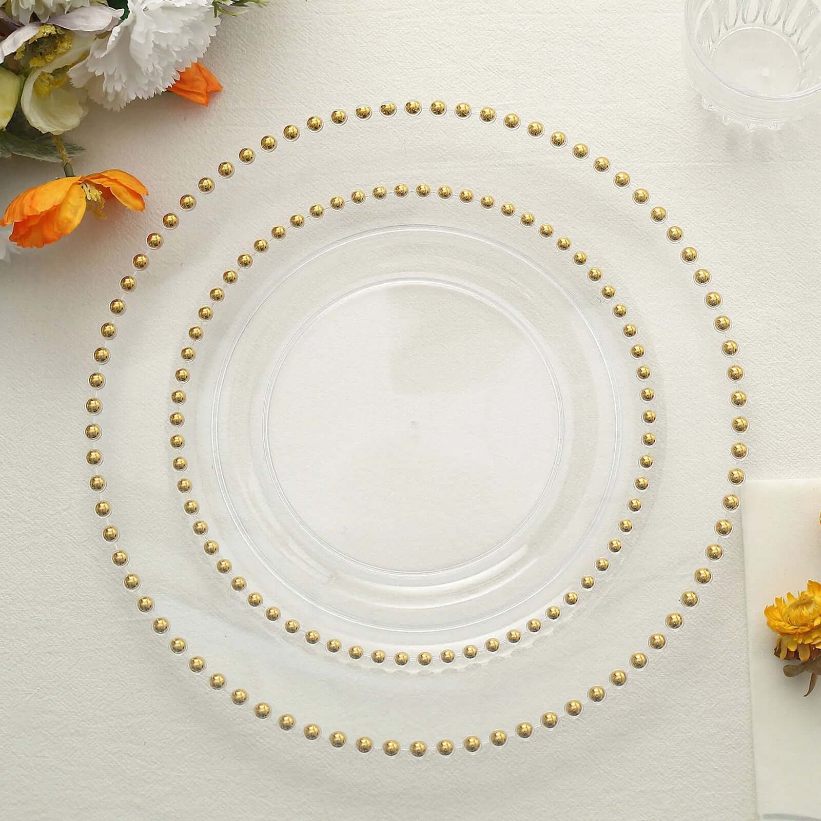 10-Piece Set of Disposable Clear Plastic Round Dessert Plates with Gold Beaded Rim for Parties & Events