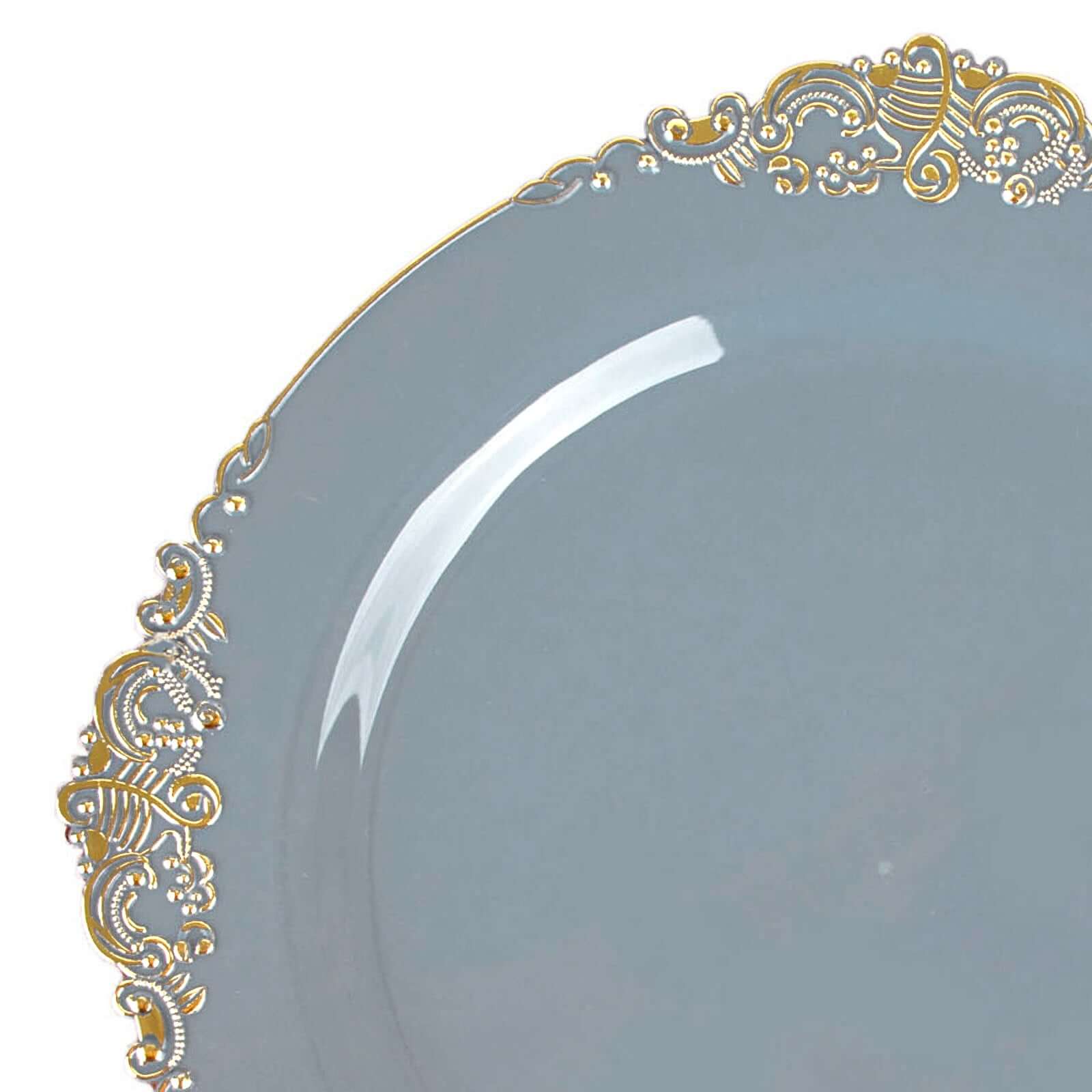 10-Pack Disposable Vintage Baroque Round Dinner Plates in Dusty Blue with Gold Leaf Rim - Great Value!