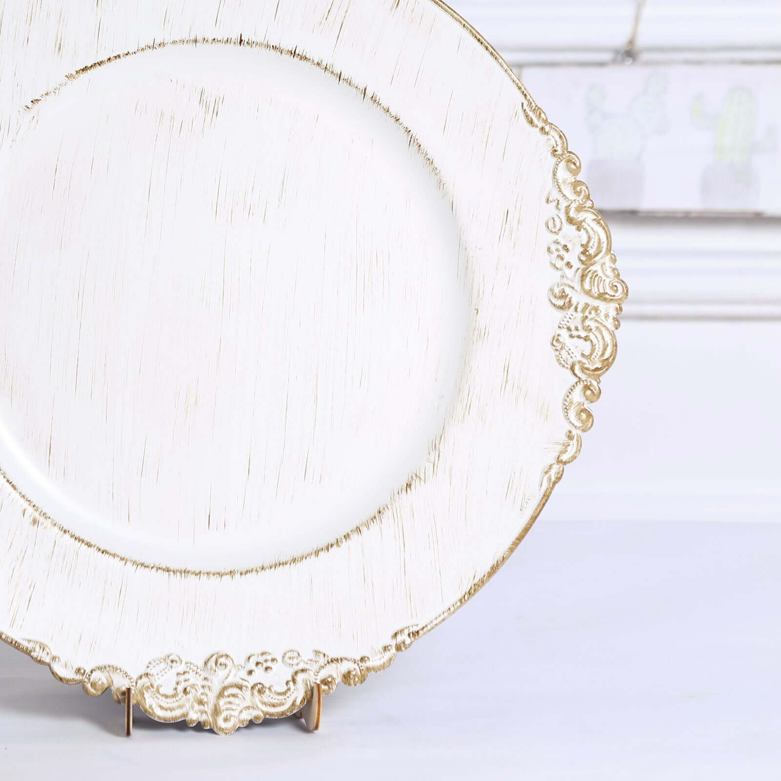 6-Piece Set of 13-Inch White Washed Acrylic Round Charger Plates with Gold Embossed Baroque Rim for Dinner Parties