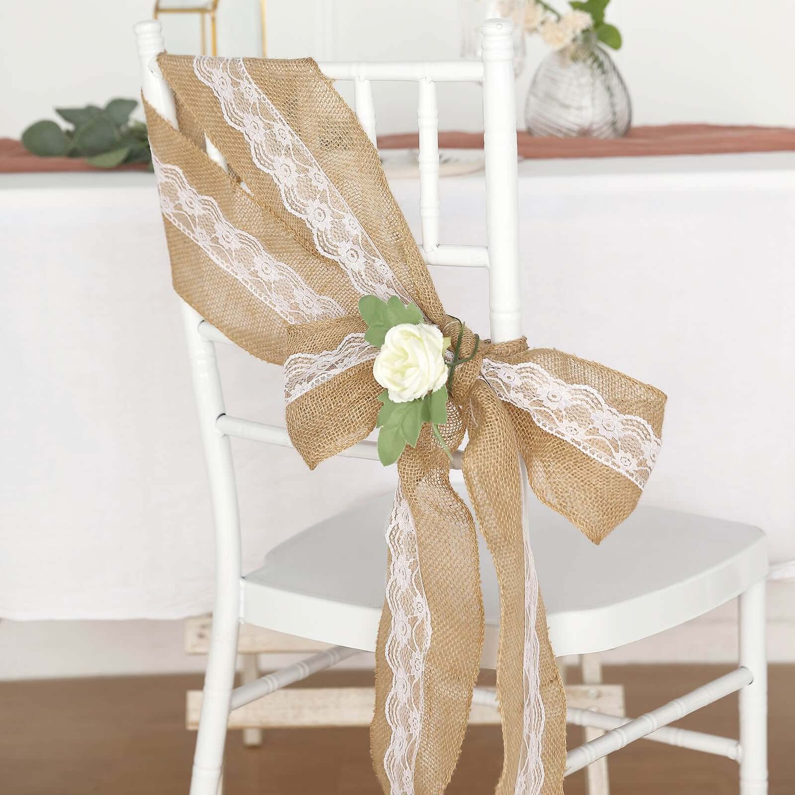 Hot Sale! Natural Burlap & Lace Chair Sash for Weddings & Gatherings