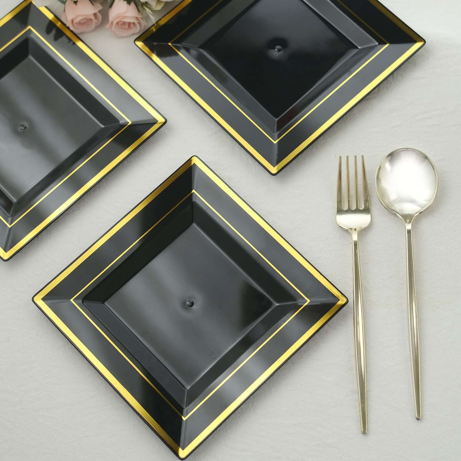 10-Piece Set of Durable Disposable Black Square Salad & Dessert Plates with Gold Trim, 7 Inches